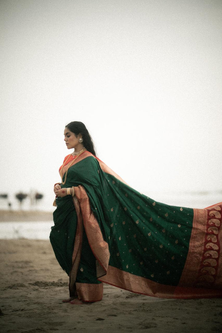 Pure Silk Banarasi Katan Saree in Green with Red Contrast