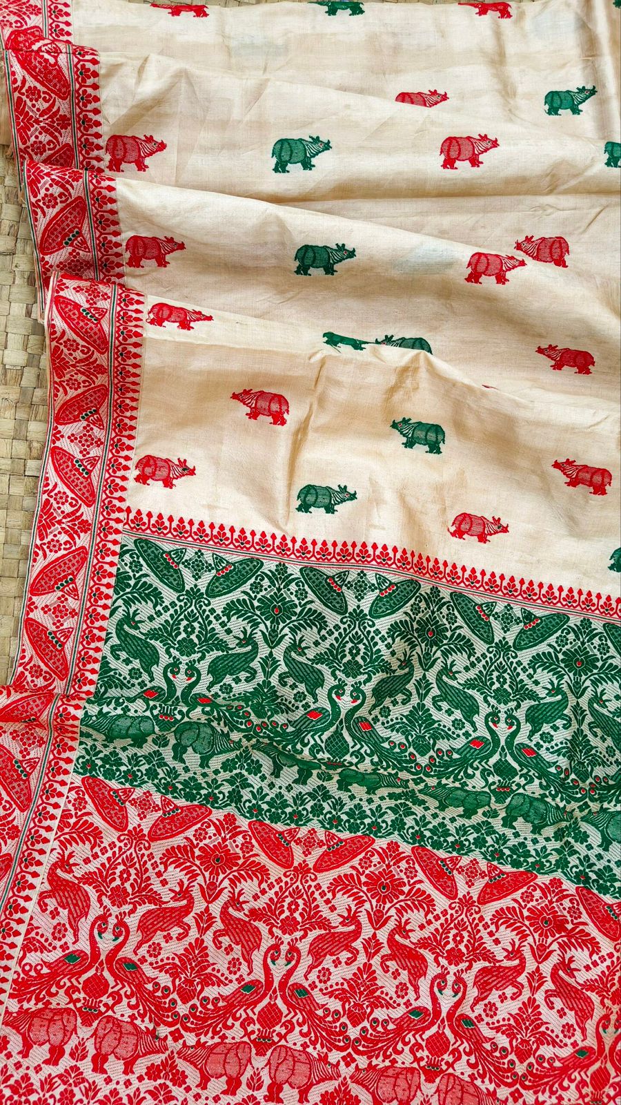 Kaziranga Rhino Threadwork Tussar Silk Saree