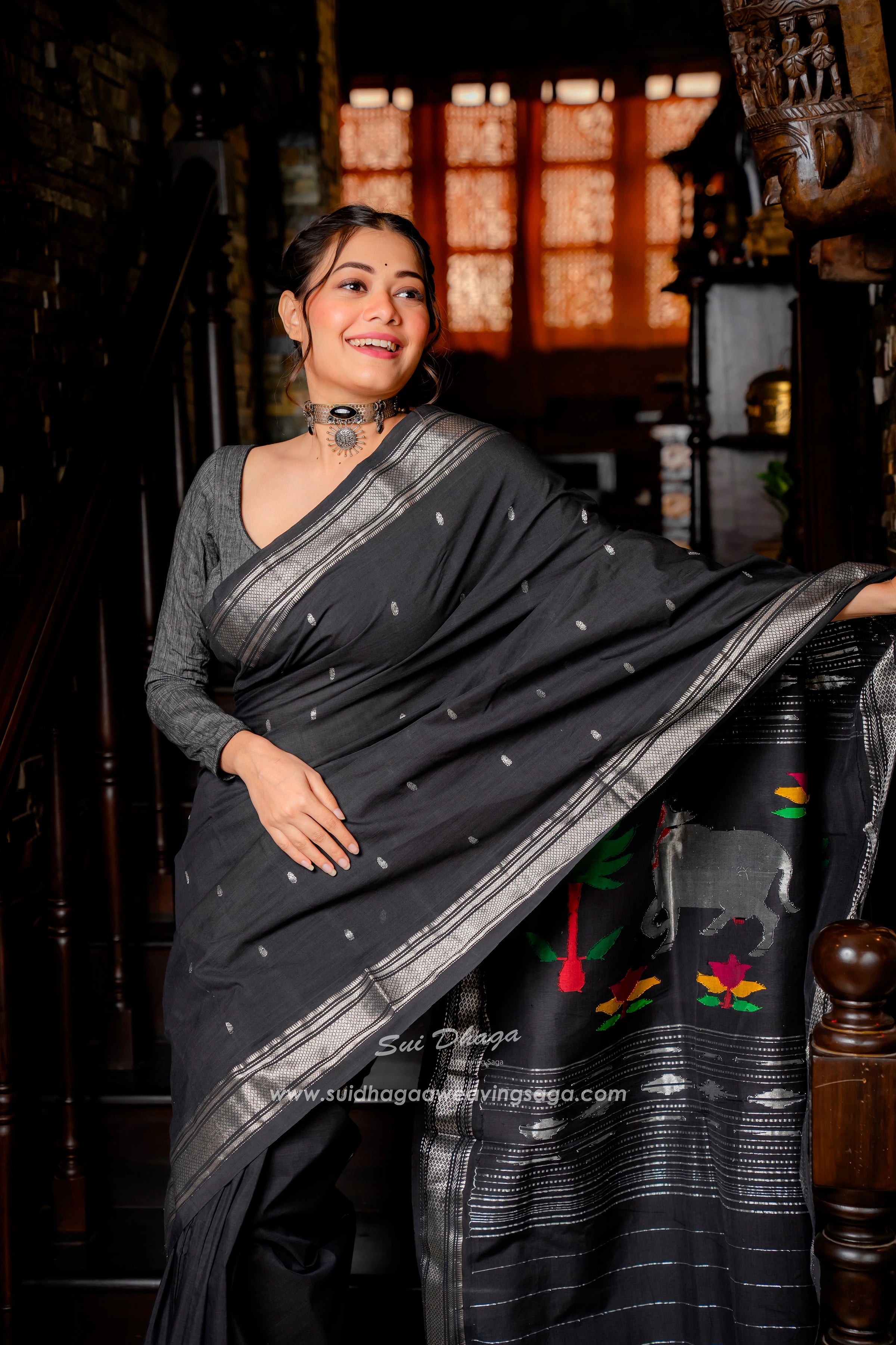 Black Cotton Paithani with Exclusive Pichwai Pallu