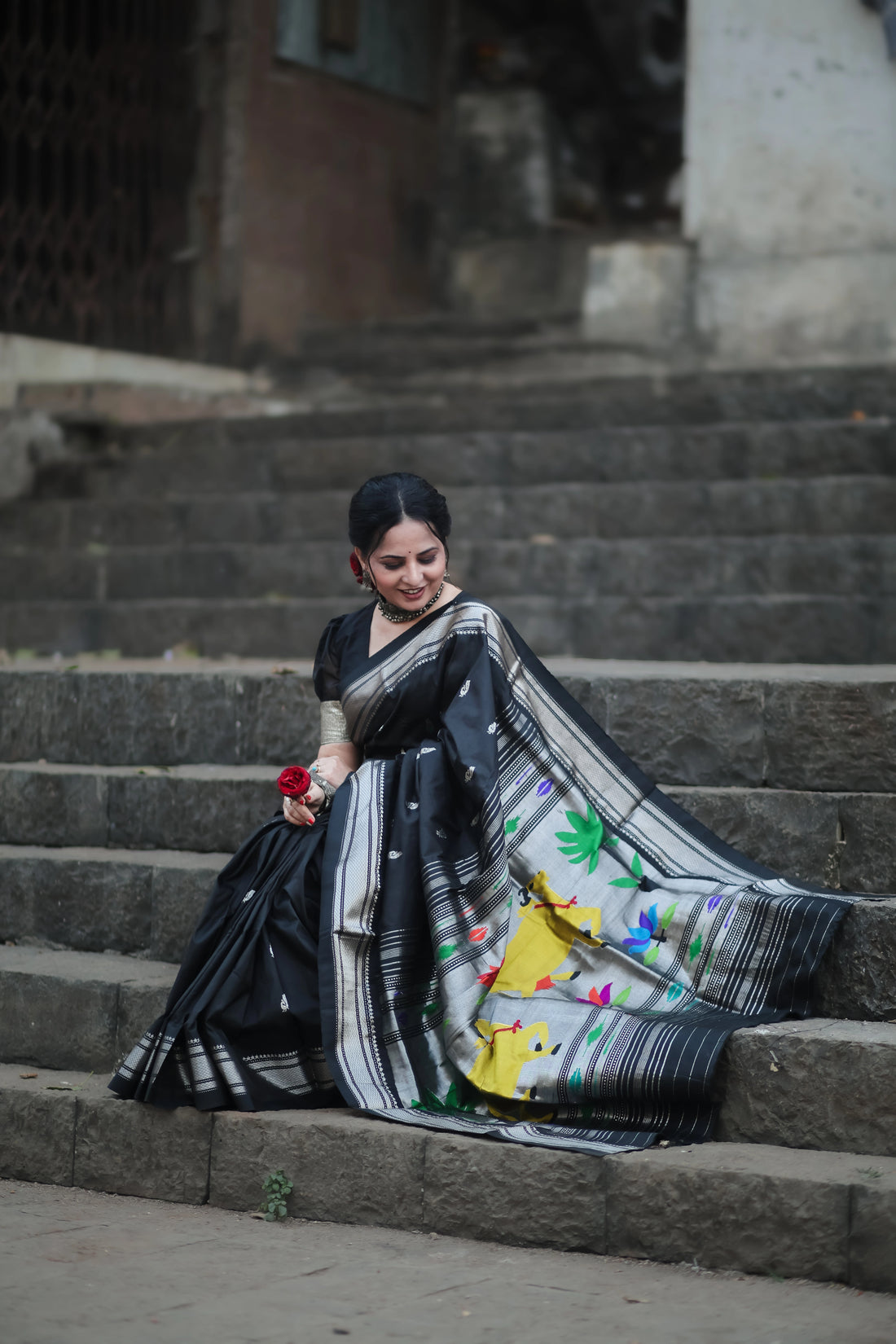 BLACK Pure Silk Paithani in silver zari with pichwai pallu