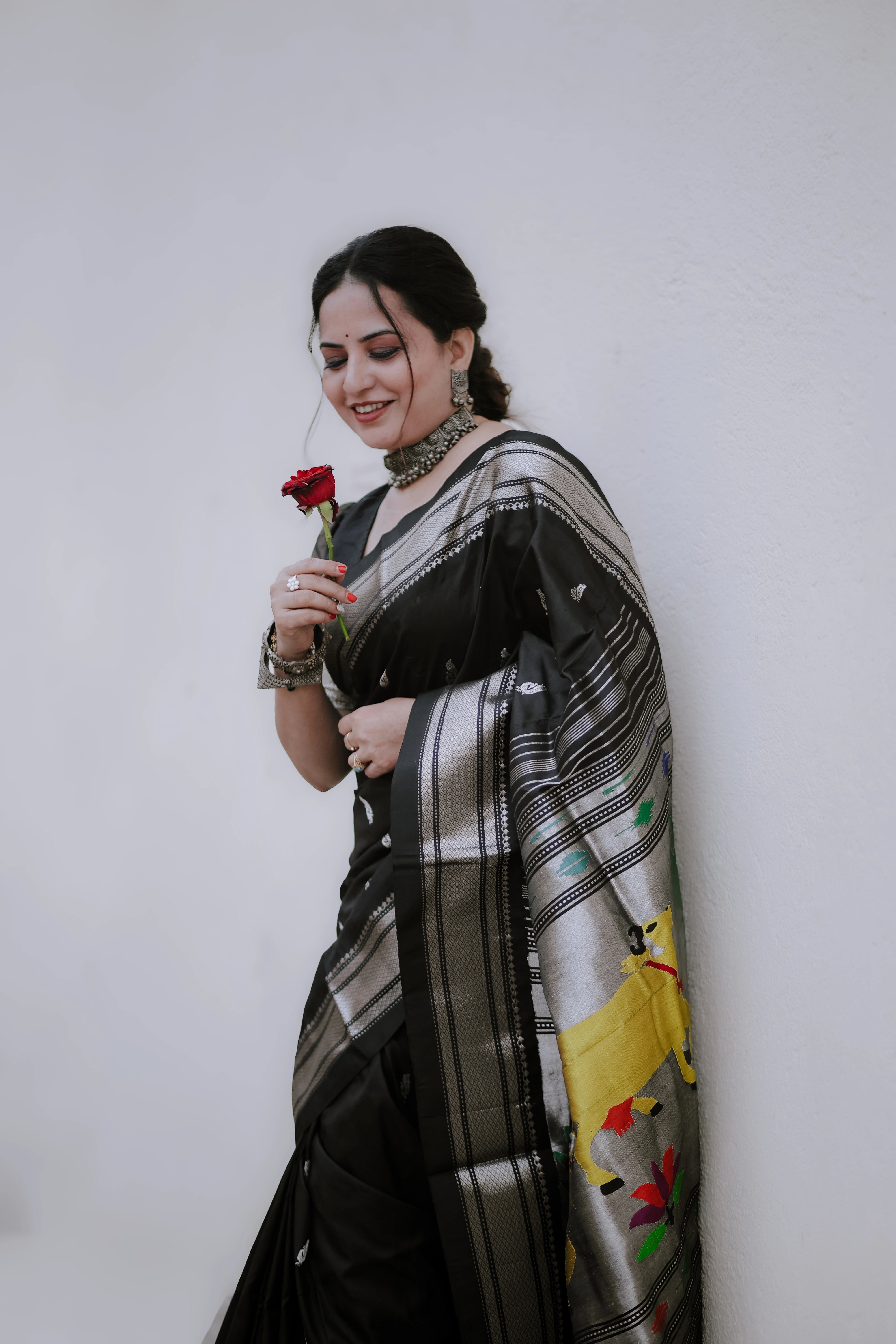 BLACK Pure Silk Paithani in silver zari with pichwai pallu