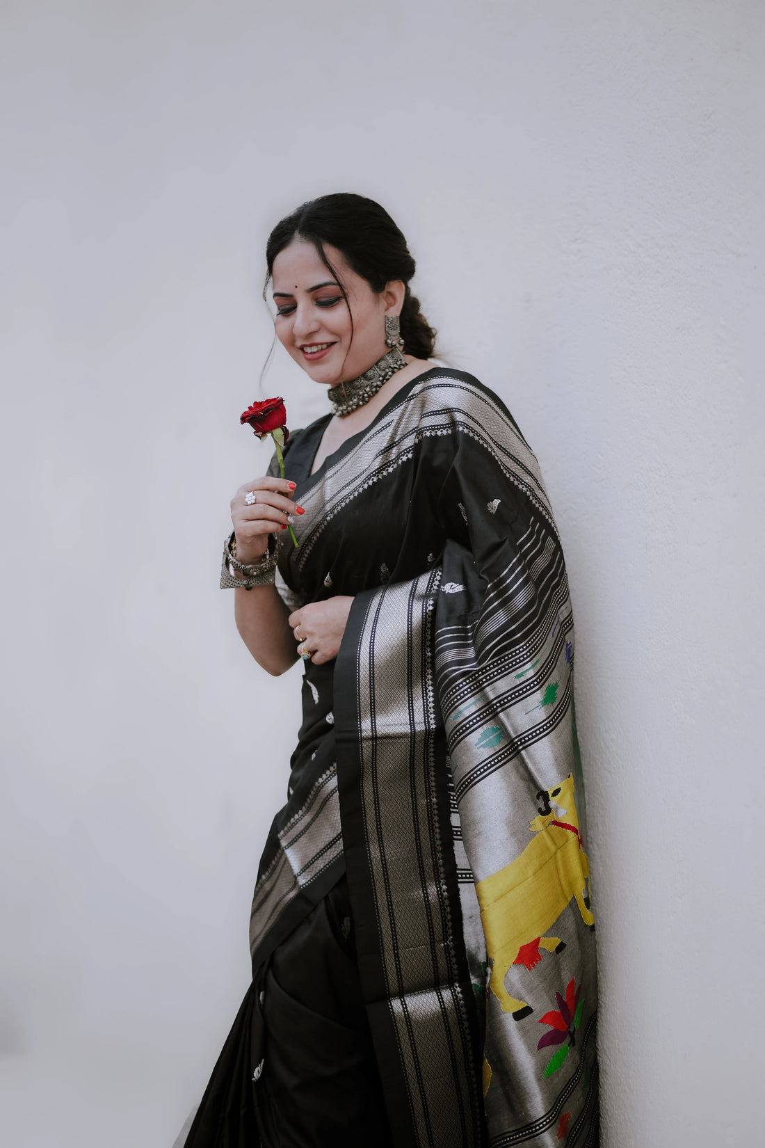 BLACK Pure Silk Paithani in silver zari with pichwai pallu