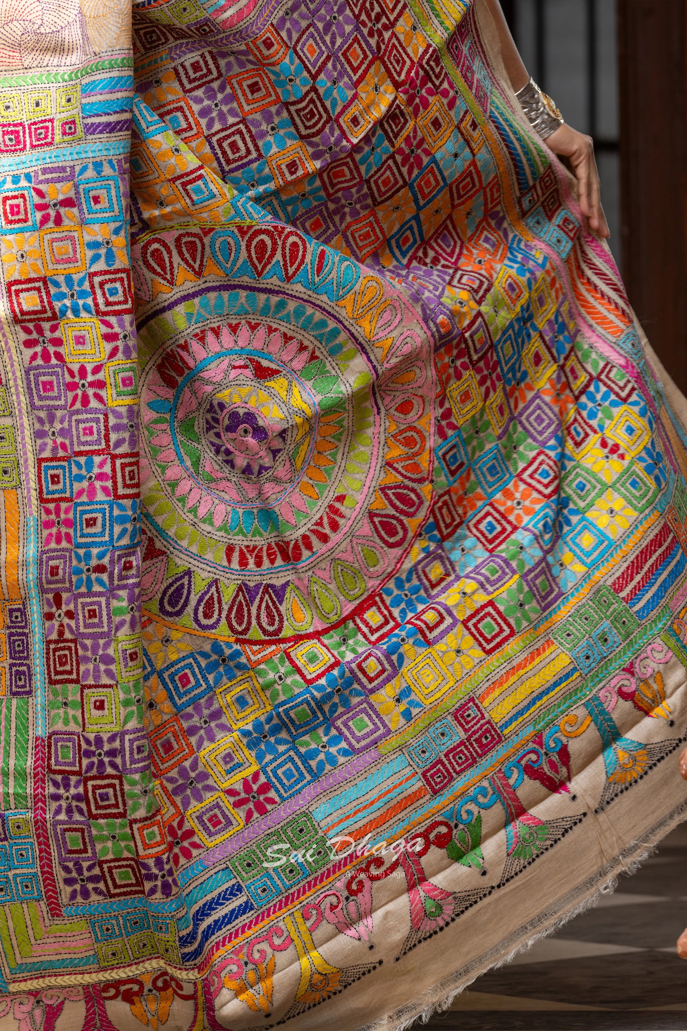 Handcrafted Kantha stitch on Pure Silk saree