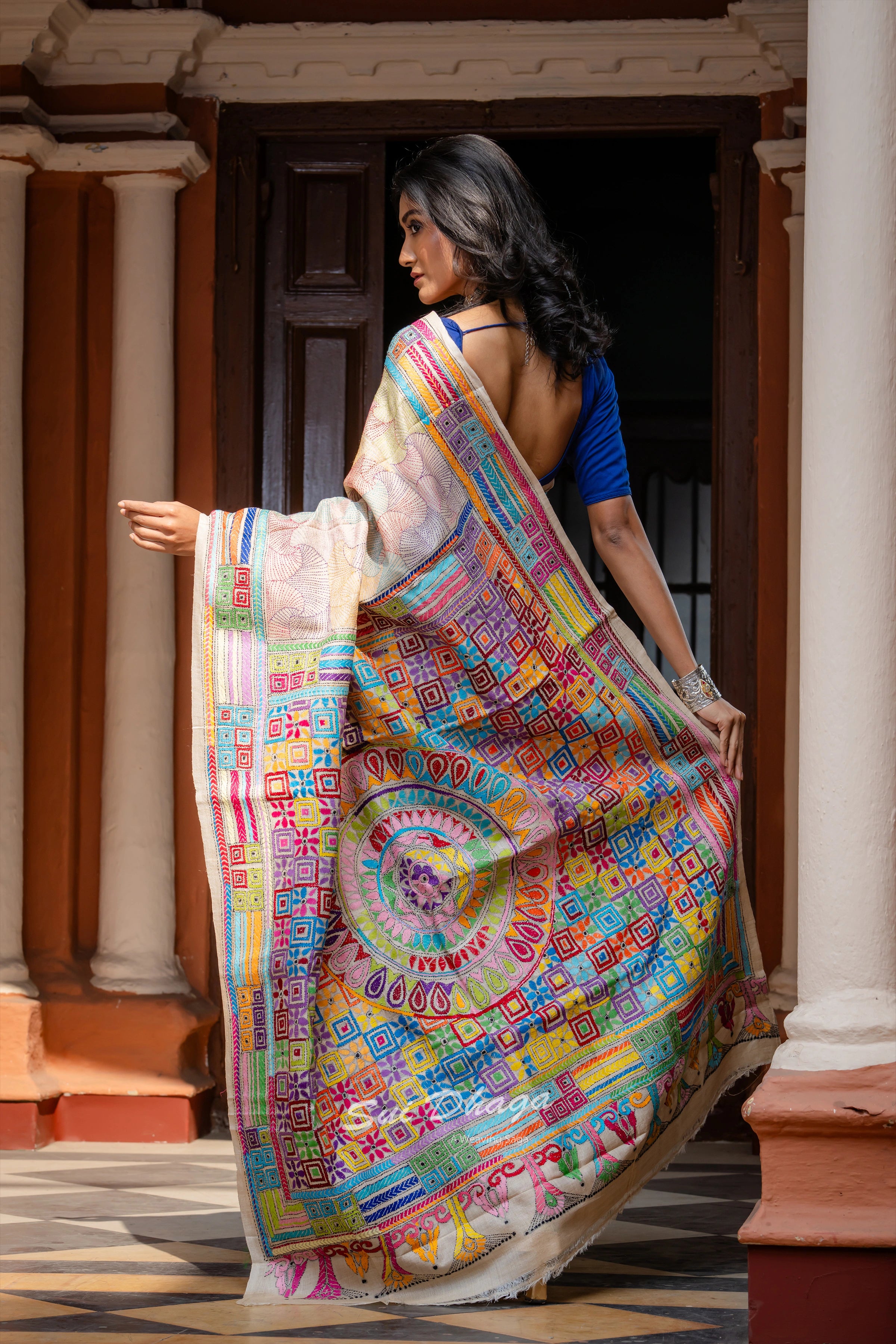 Handcrafted Kantha stitch on Pure Silk saree