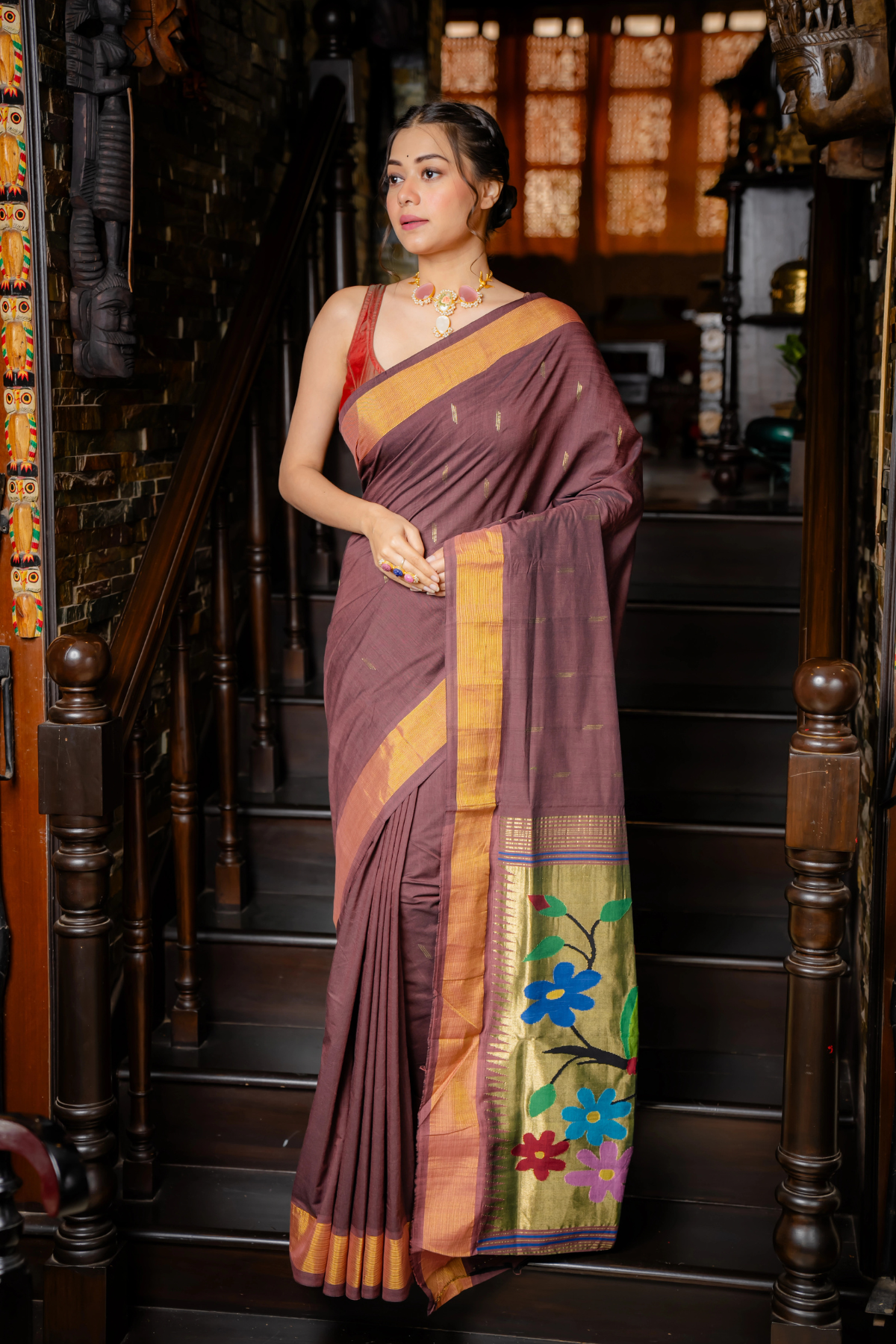 Handloom Pure Cotton Paithani Saree with Traditional Parrot Pallu ~ Brown colour