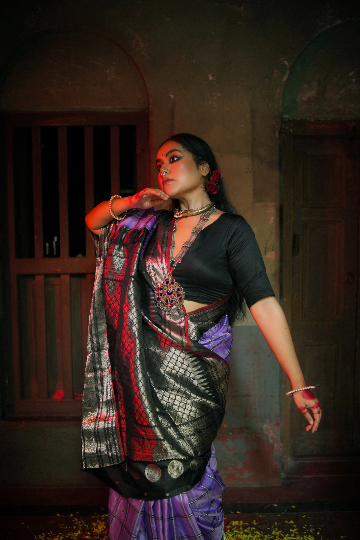 Dark Mauve Coloured Checkered pure silk Gadwal in silver zari