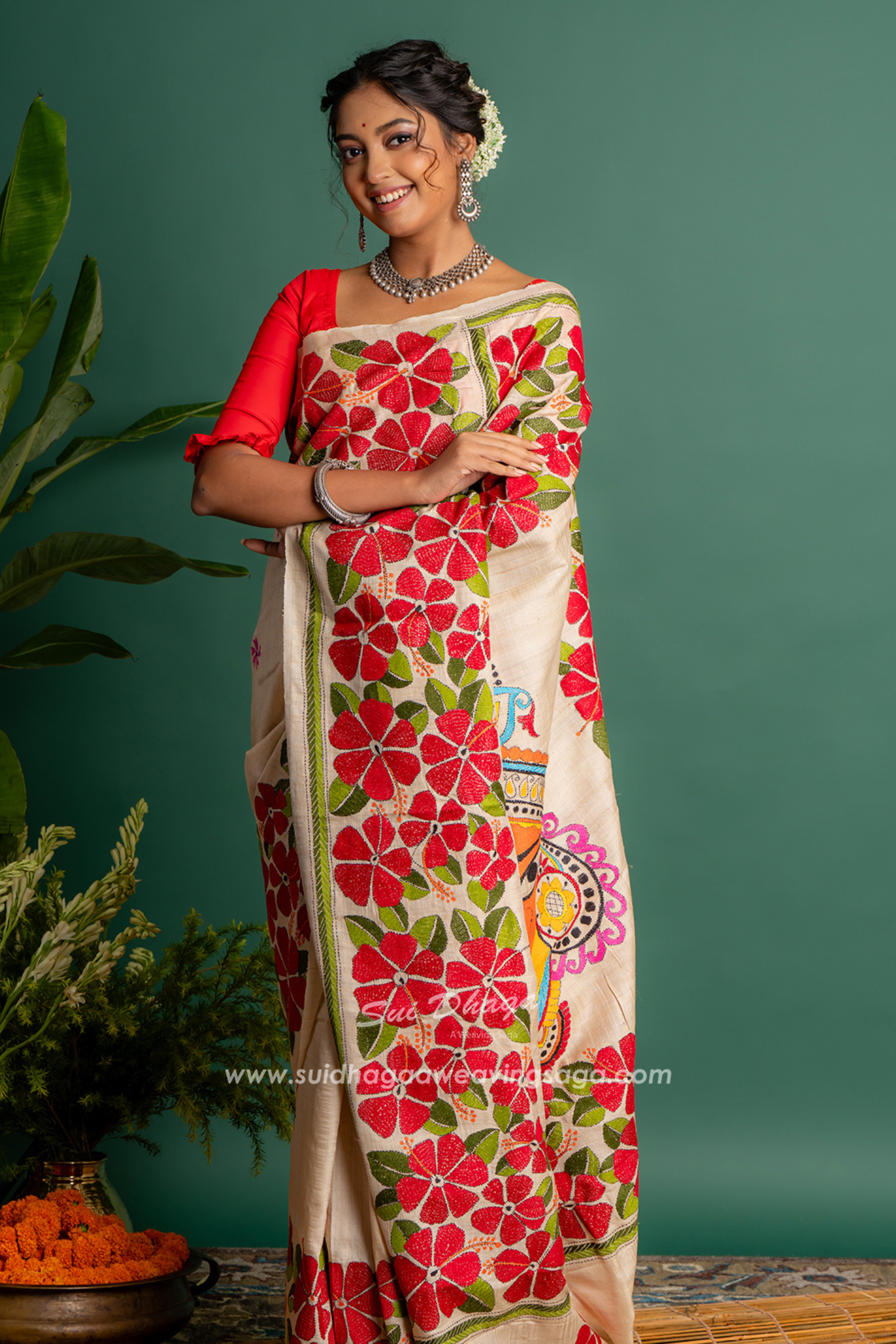 Durga Maa Kantha Stitch Tussar Saree