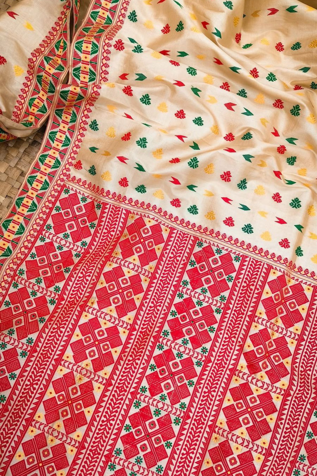 Pure Tussar Assam Silk Saree with Red Contrast Border