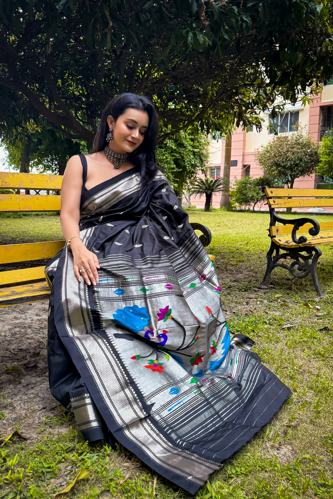 BLACK Pure Silk Paithani in silver zari