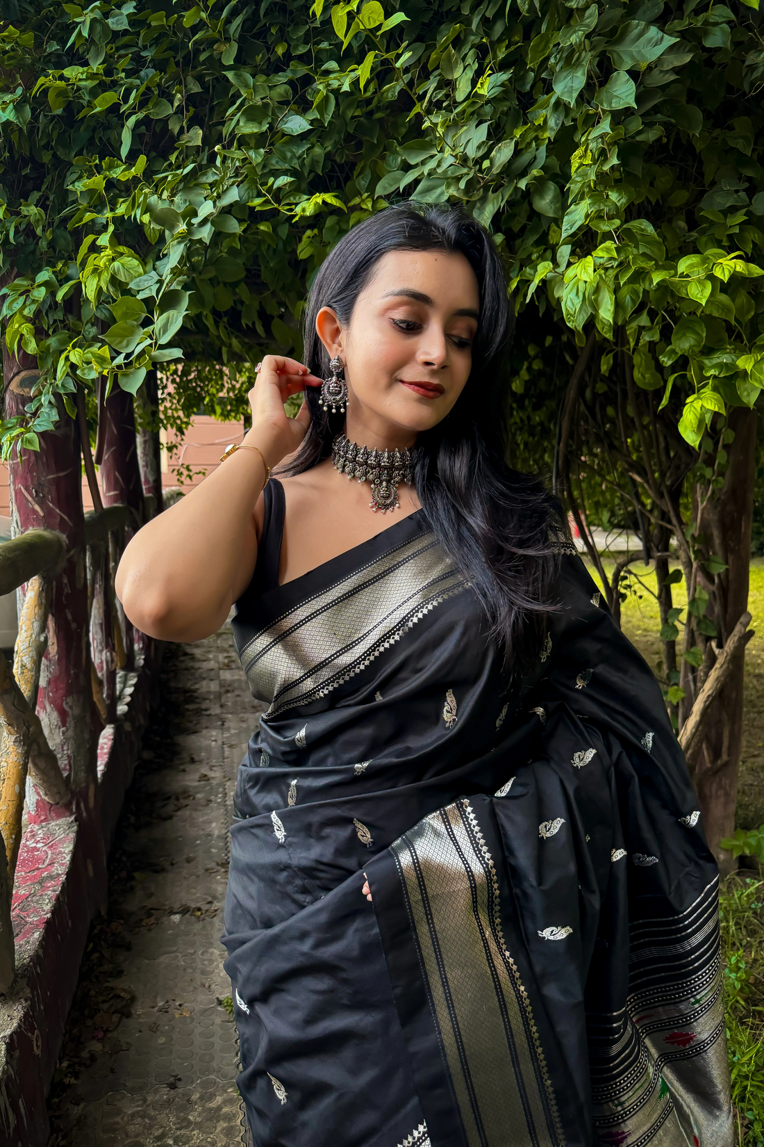 BLACK Pure Silk Paithani in silver zari
