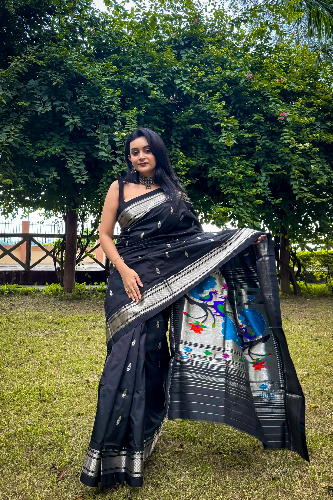 BLACK Pure Silk Paithani in silver zari