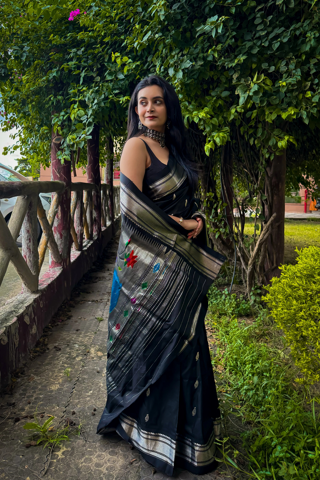 BLACK Pure Silk Paithani in silver zari