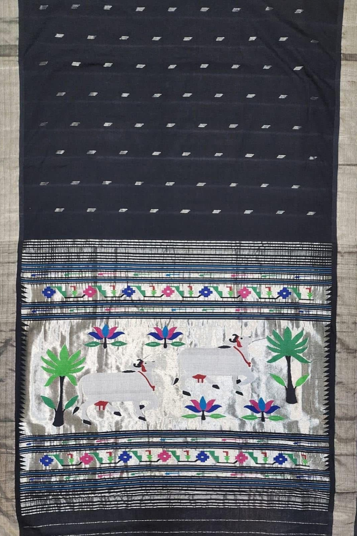 Noir Black Pichwai Silver Zari Cotton Paithani Saree