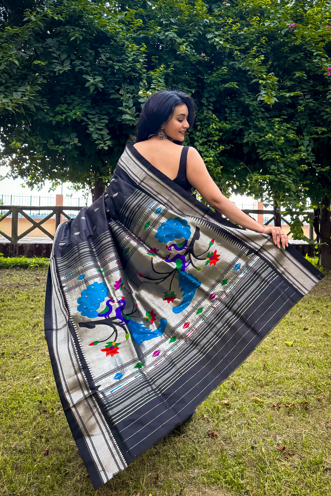 BLACK Pure Silk Paithani in silver zari