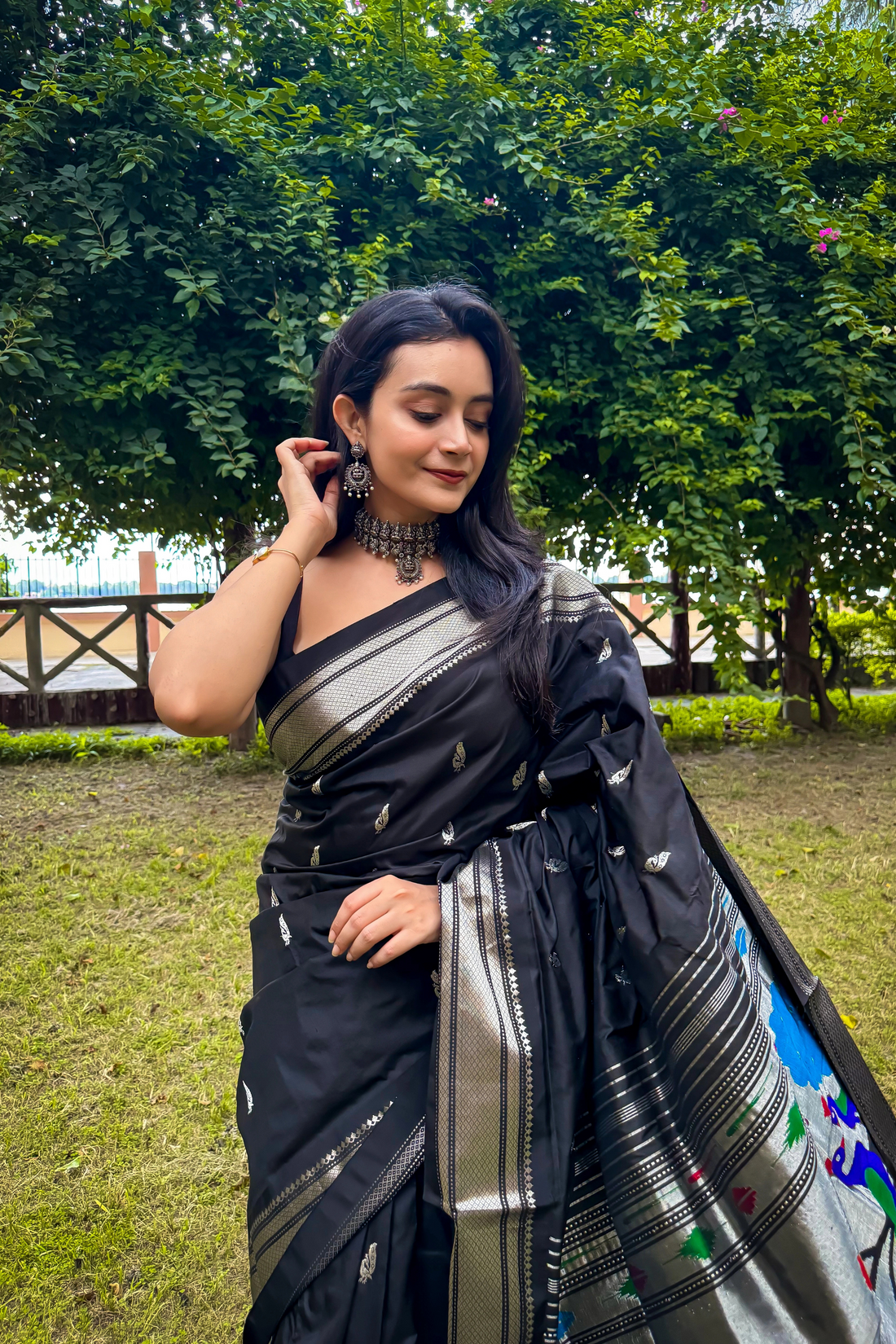 BLACK Pure Silk Paithani in silver zari