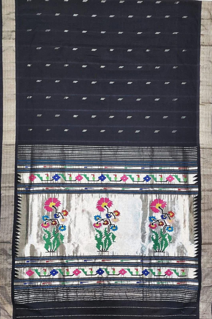 Noir Black Silver Zari Cotton Paithani Saree