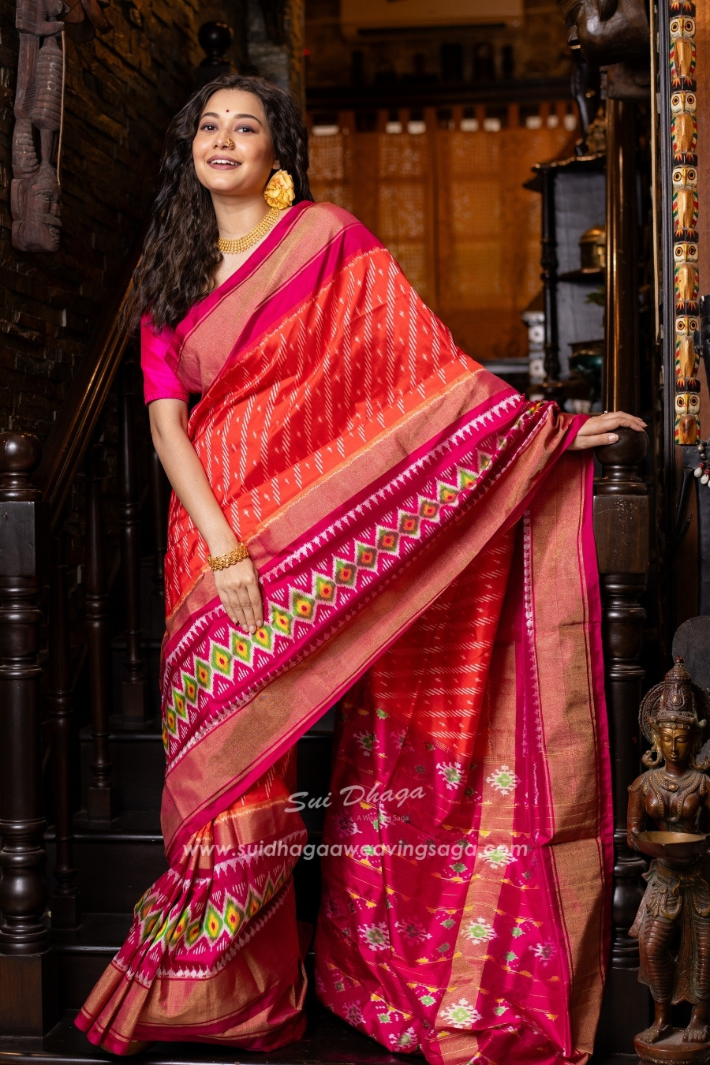 Pochampally Orange Leheriya Pure Silk Saree
