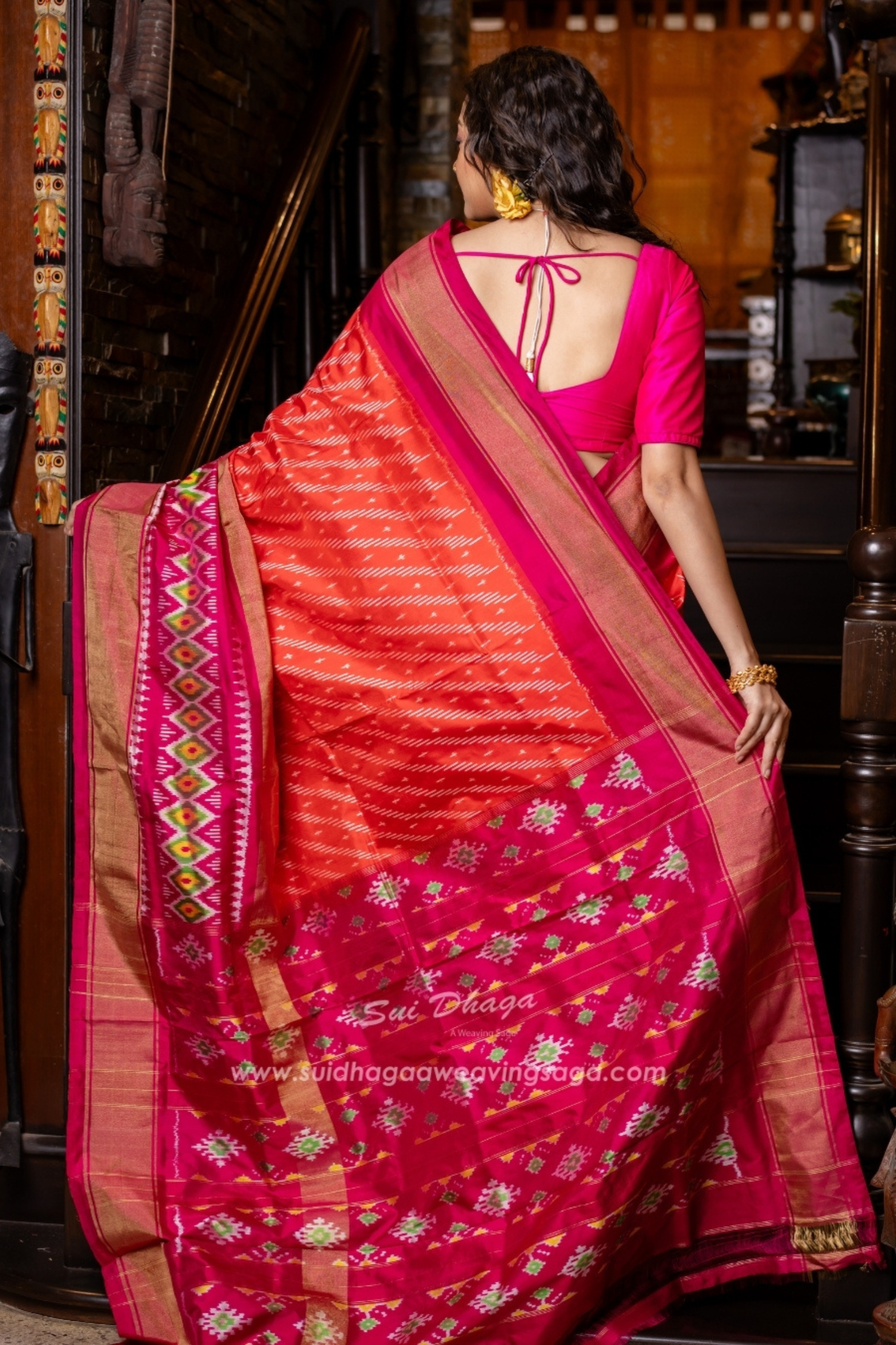 Pochampally Orange Leheriya Pure Silk Saree