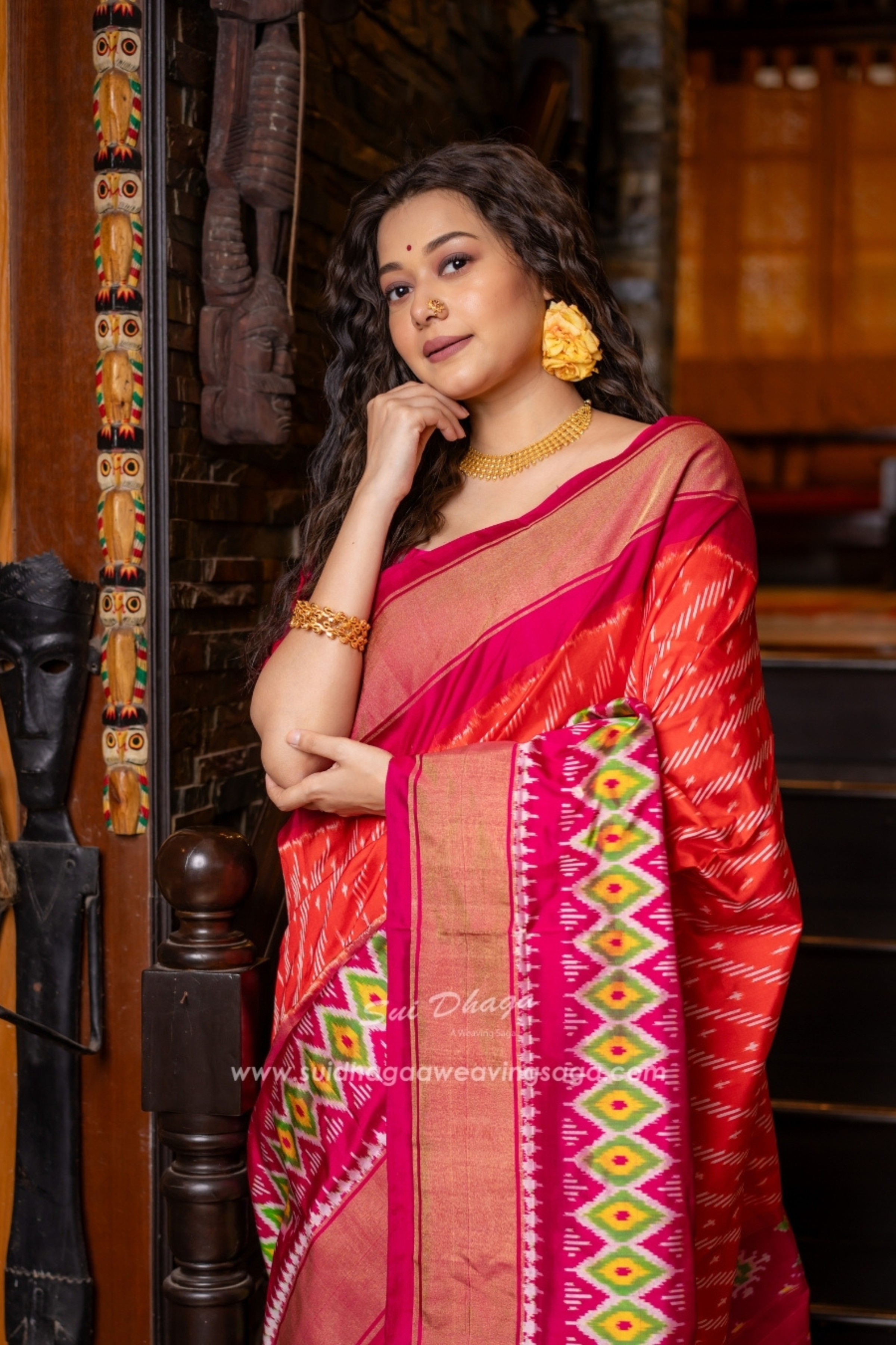 Pochampally Orange Leheriya Pure Silk Saree