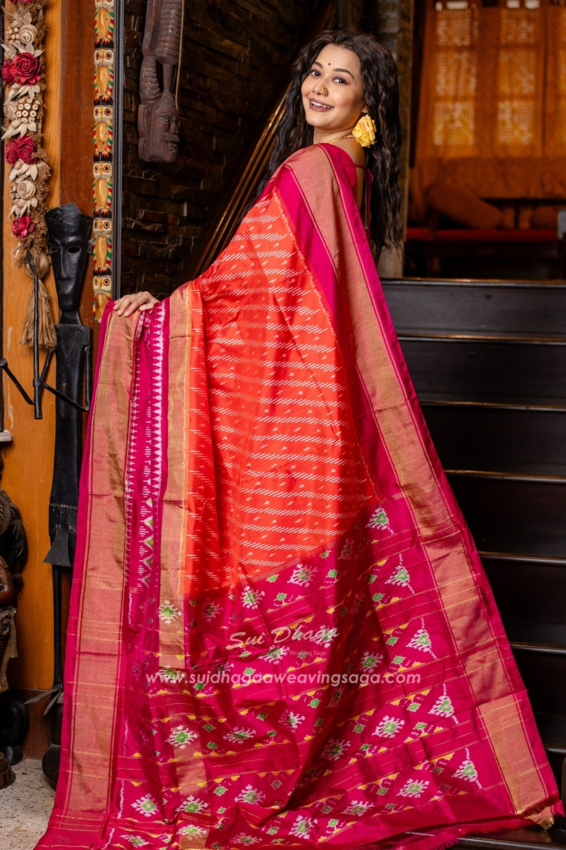 Pochampally Orange Leheriya Pure Silk Saree