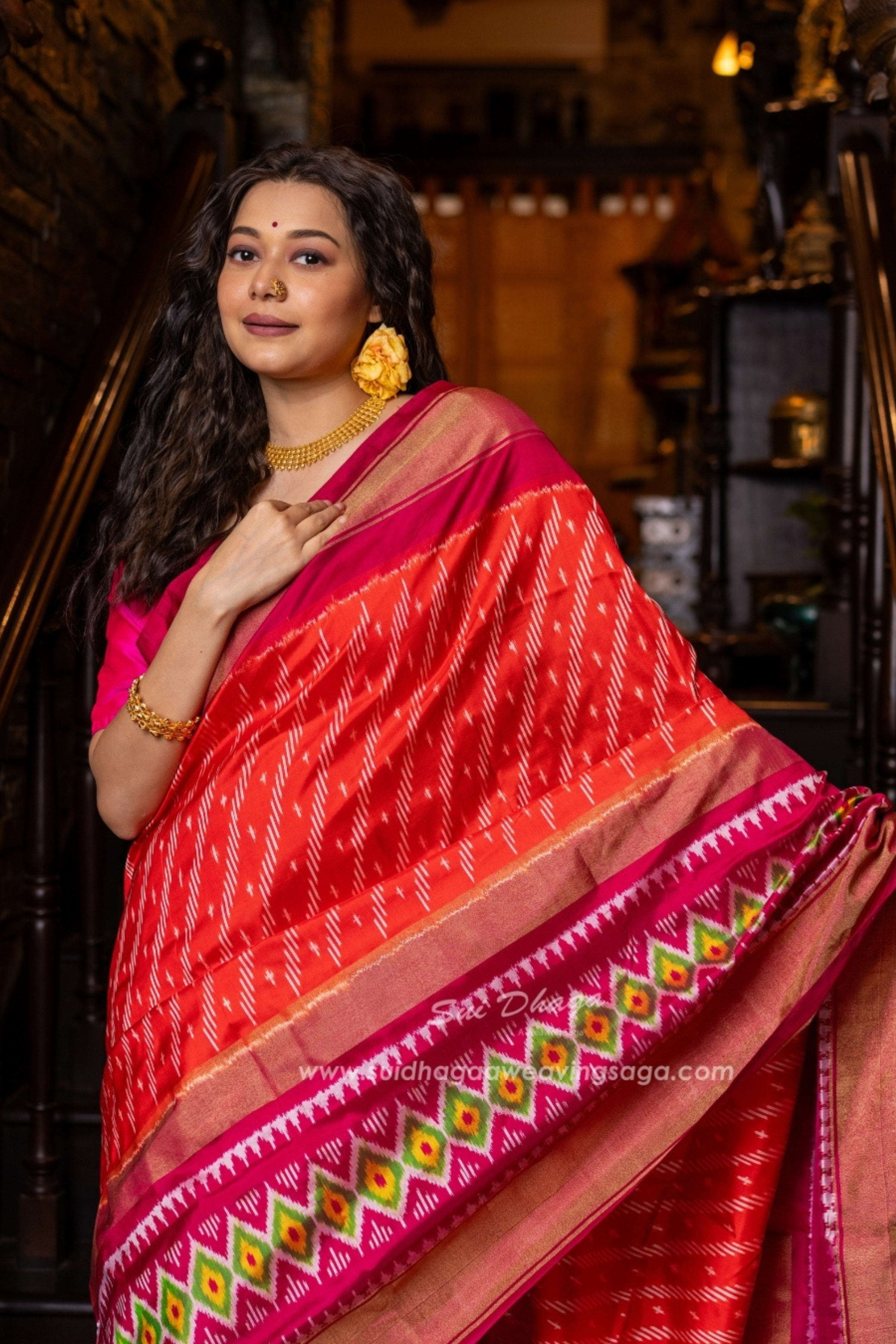 Pochampally Orange Leheriya Pure Silk Saree