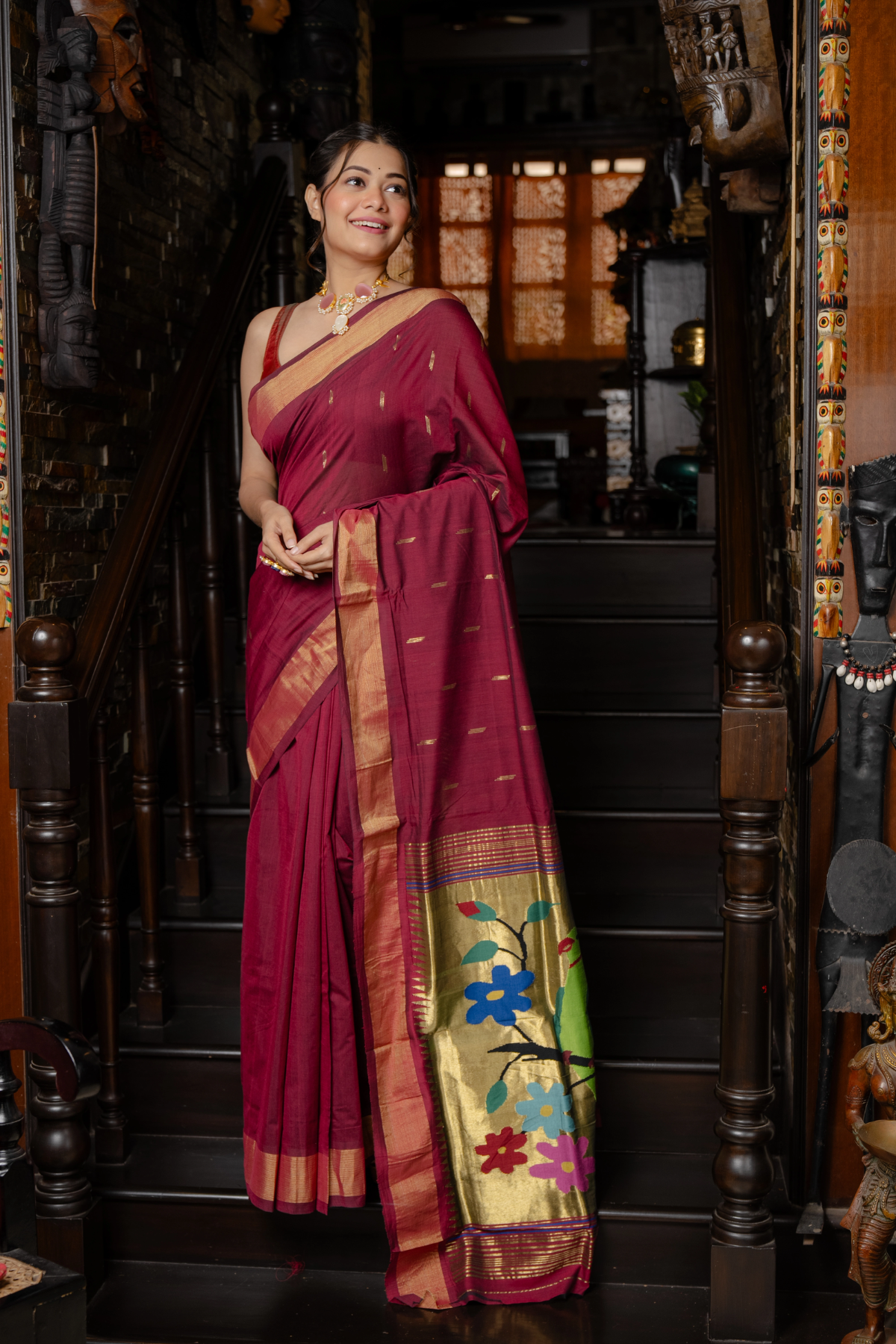 Handloom Pure Cotton Paithani Saree with Traditional Parrot Pallu ~ Maroon colour