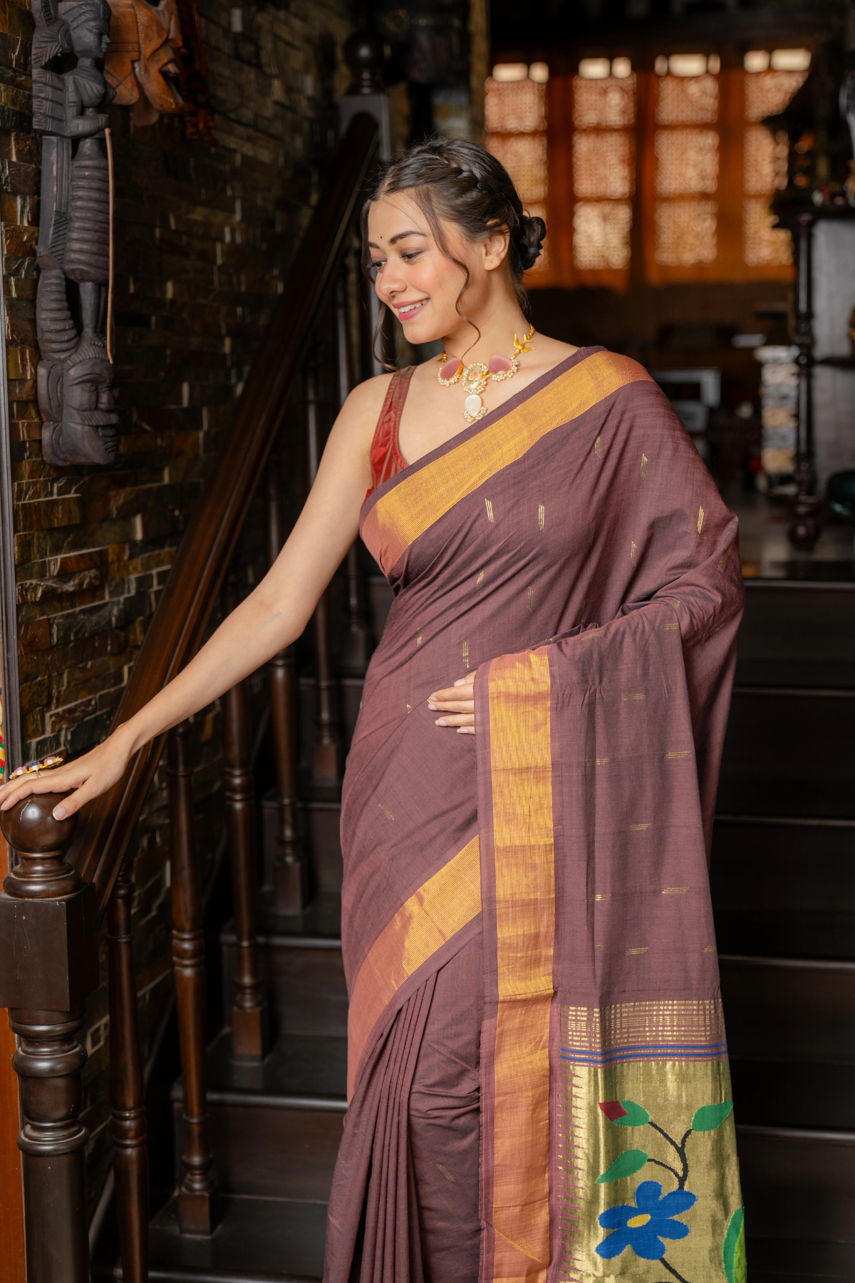 Handloom Pure Cotton Paithani Saree with Traditional Parrot Pallu ~ Brown colour