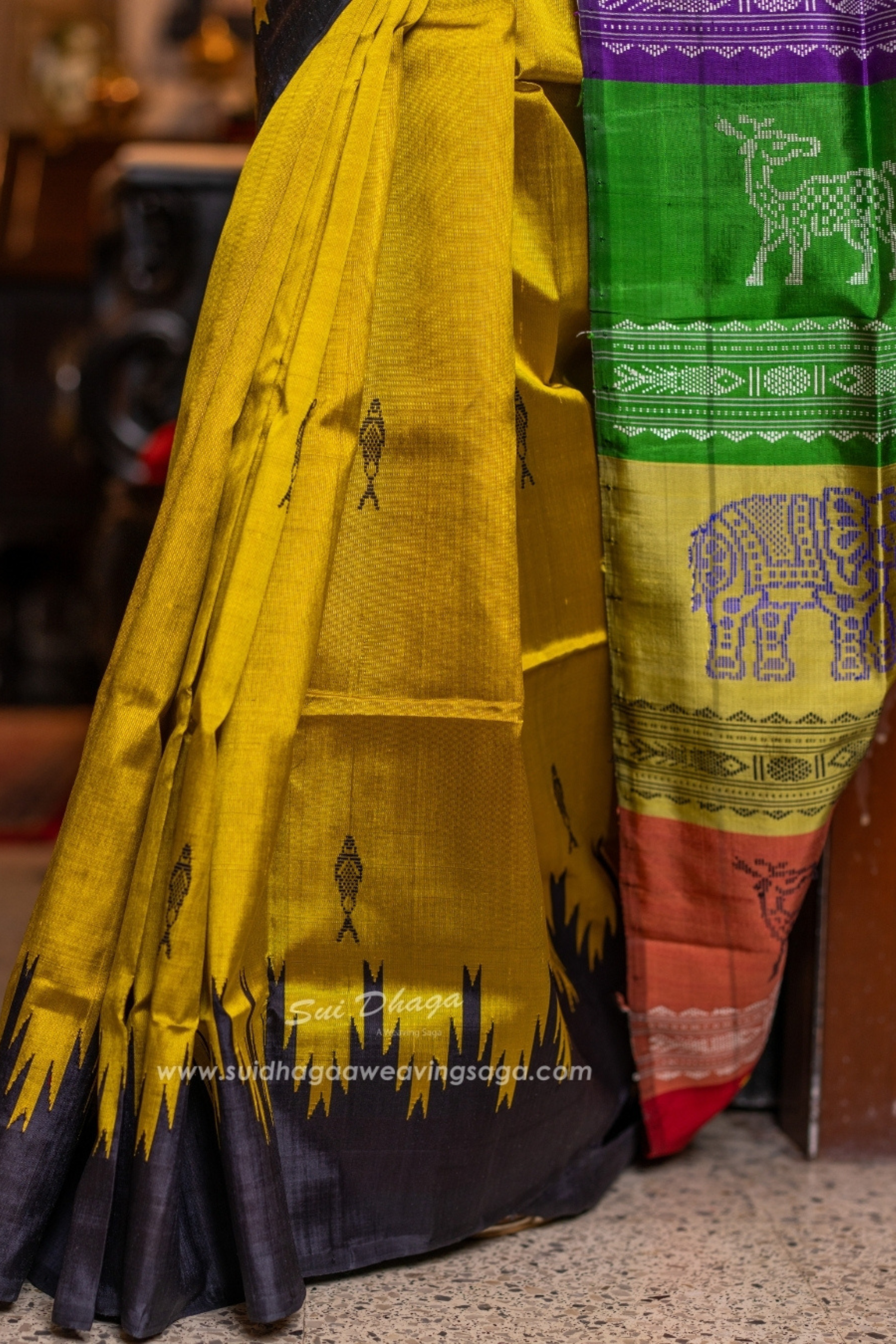 Mustard Yellow Double Pallu Berhampuri Saree