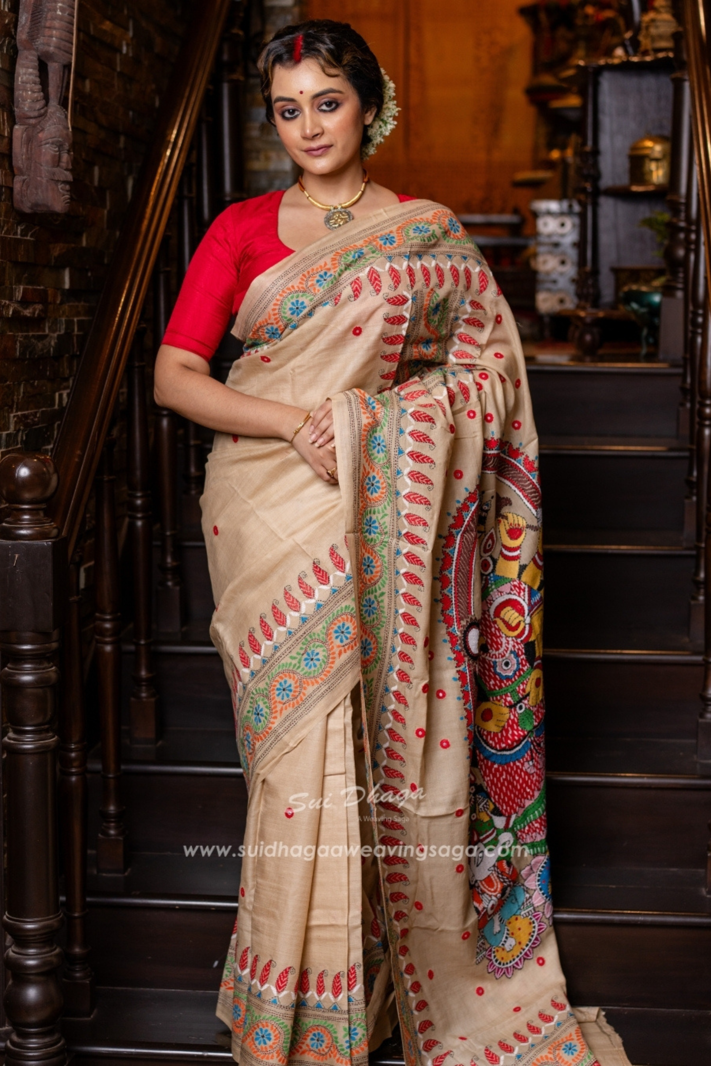 Designer Durga Maa Kantha Stitch Saree