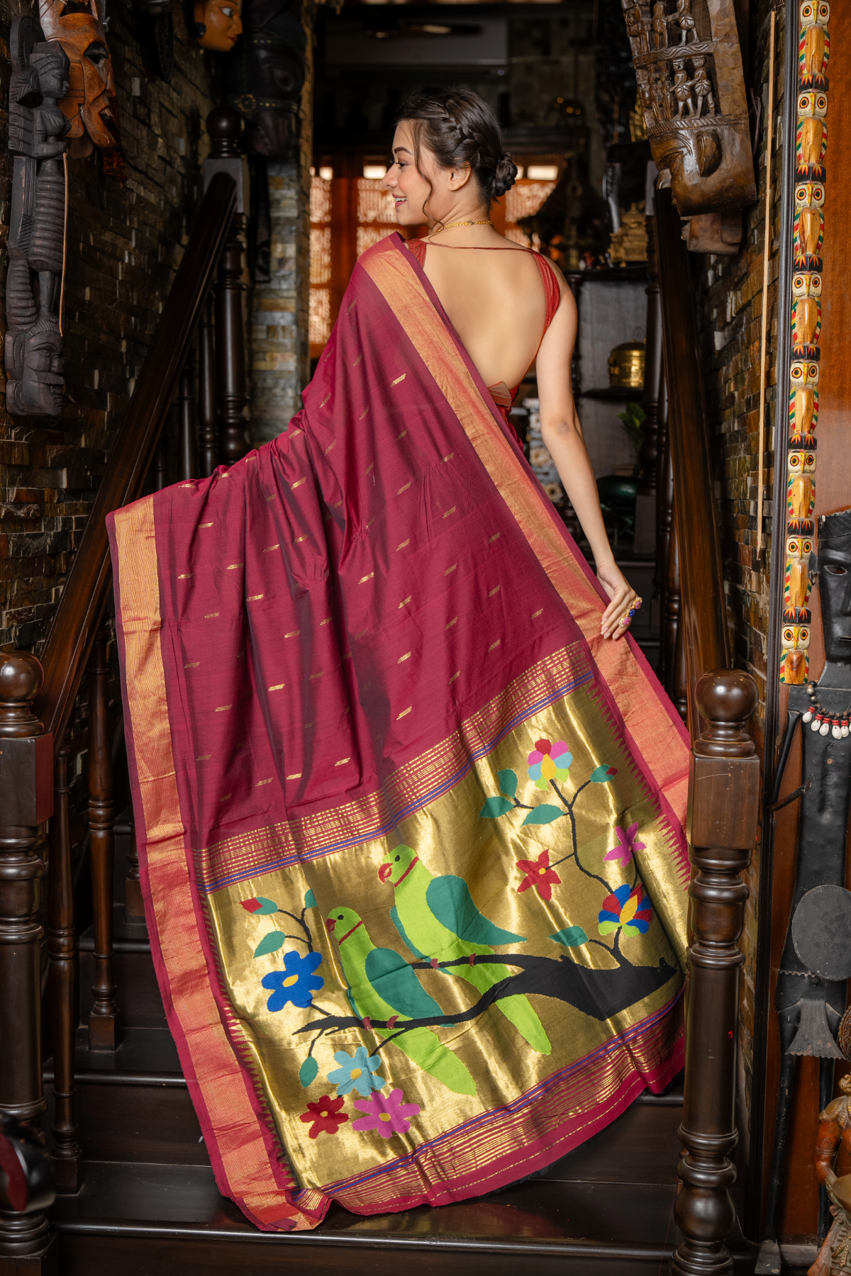 Handloom Pure Cotton Paithani Saree with Traditional Parrot Pallu ~ Maroon colour