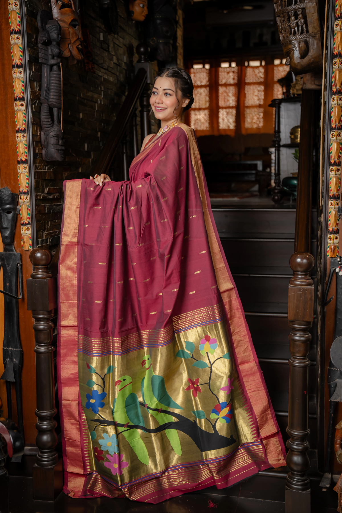 Handloom Pure Cotton Paithani Saree with Traditional Parrot Pallu ~ Maroon colour