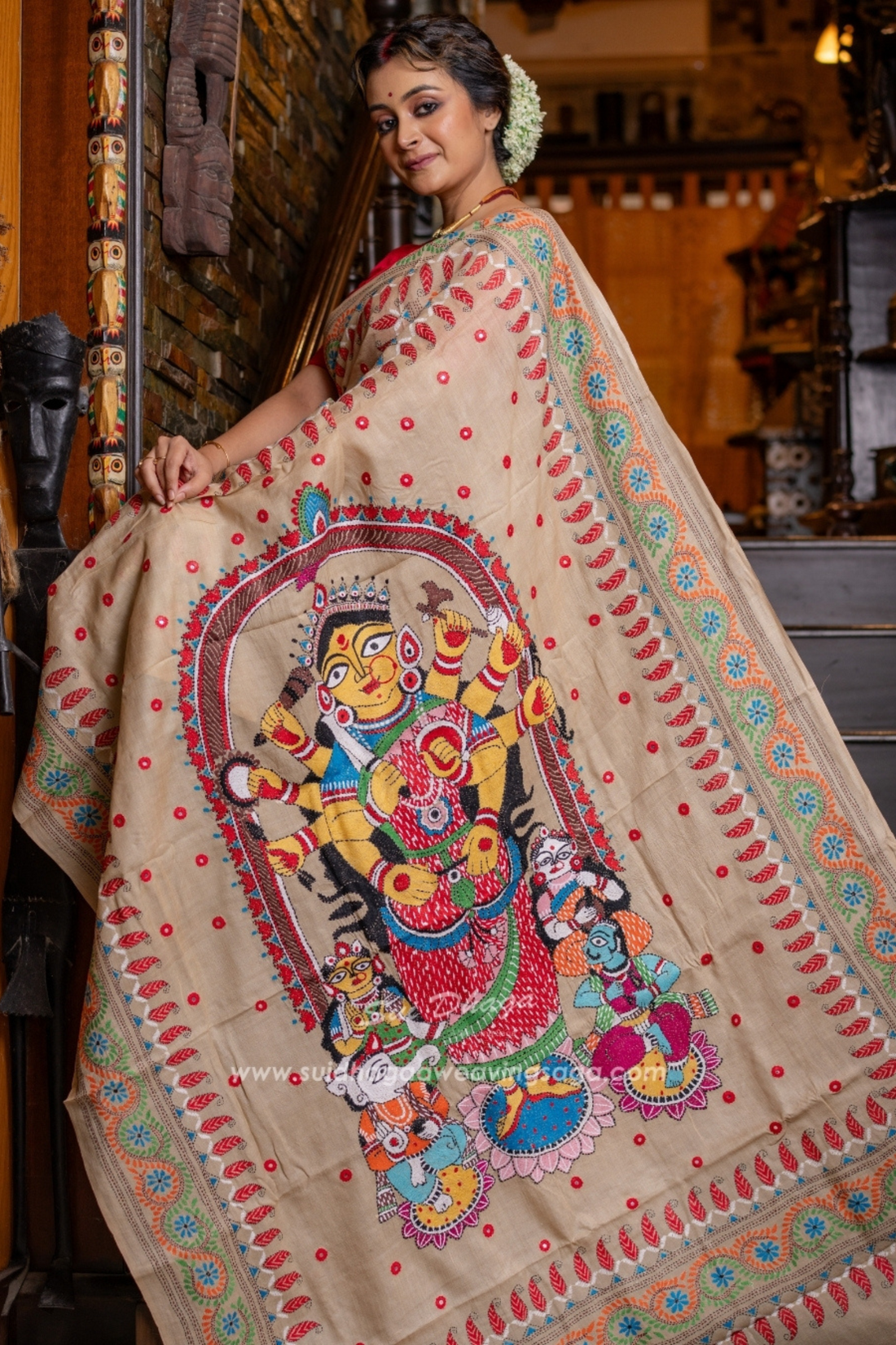 Designer Durga Maa Kantha Stitch Saree