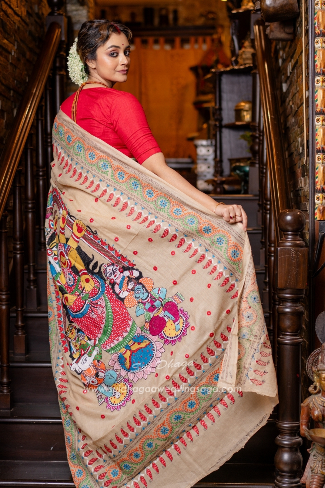 Designer Durga Maa Kantha Stitch Saree