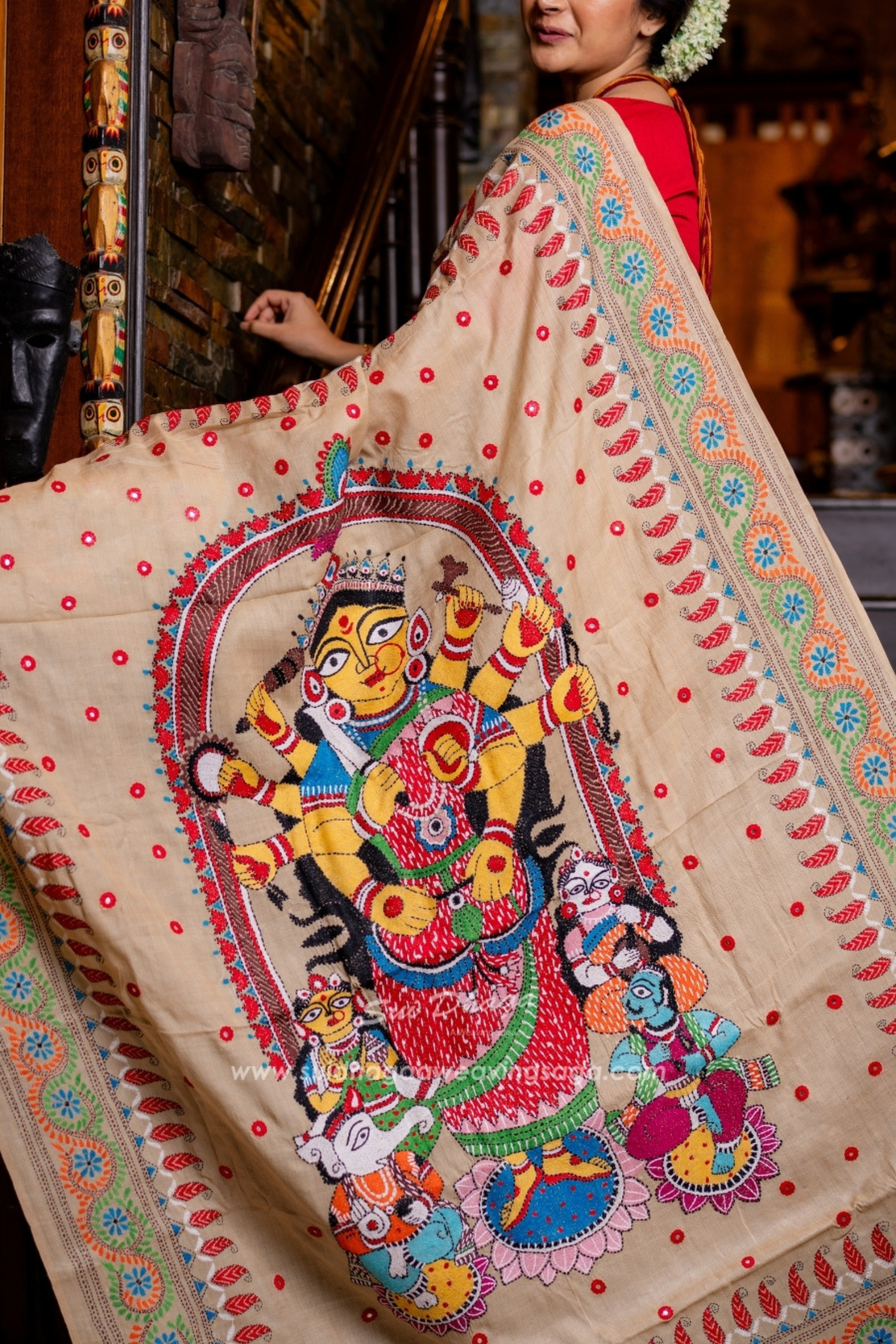 Designer Durga Maa Kantha Stitch Saree