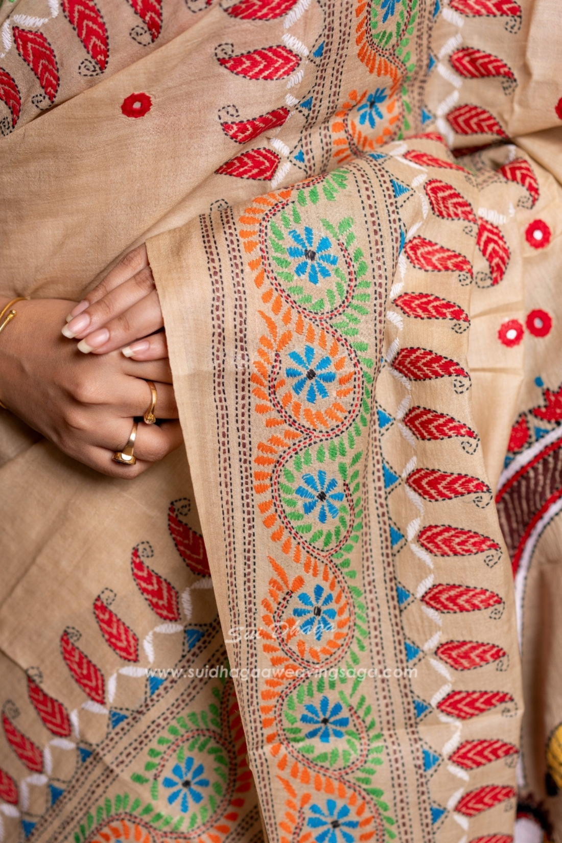 Designer Durga Maa Kantha Stitch Saree