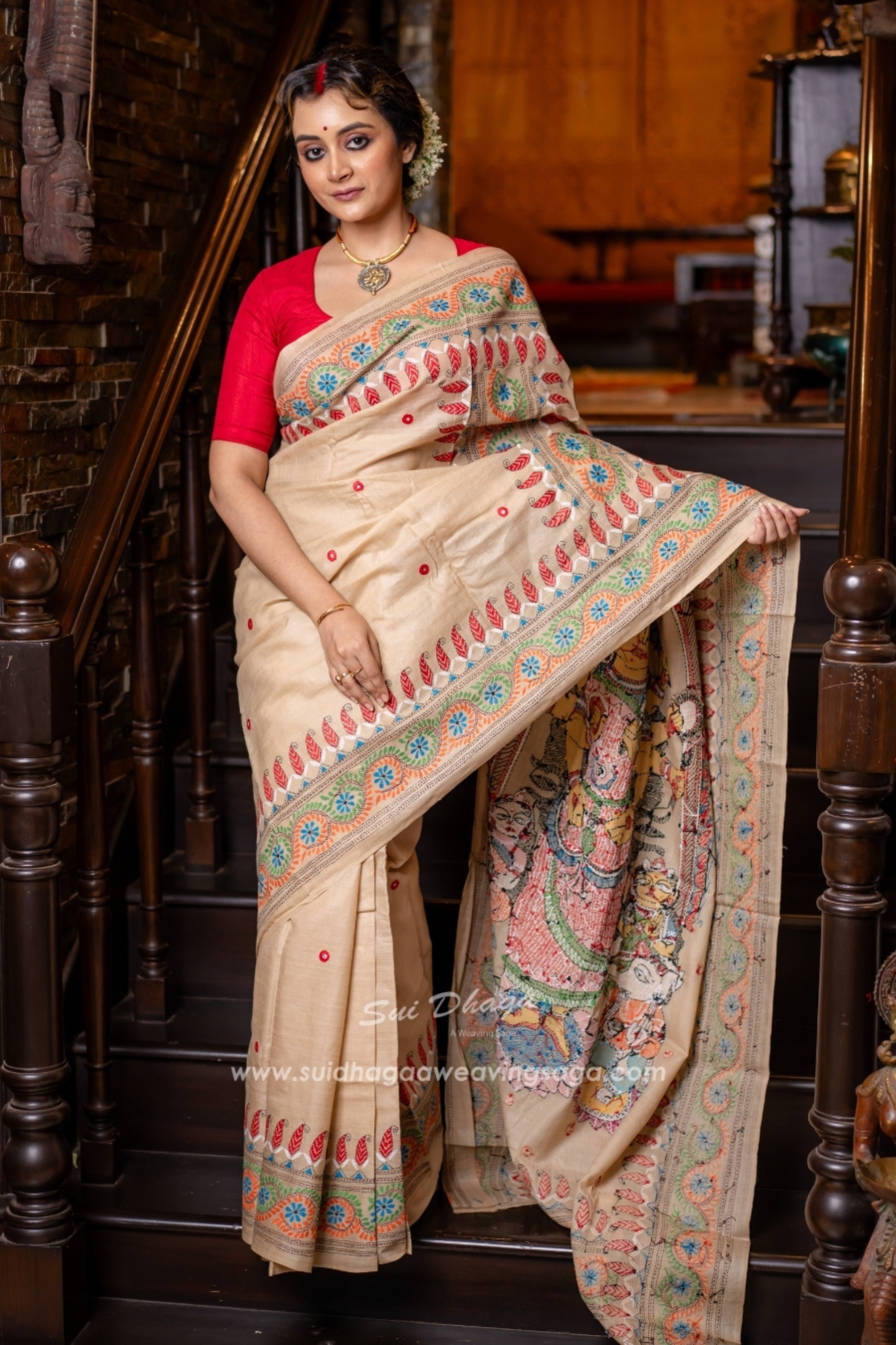 Designer Durga Maa Kantha Stitch Saree
