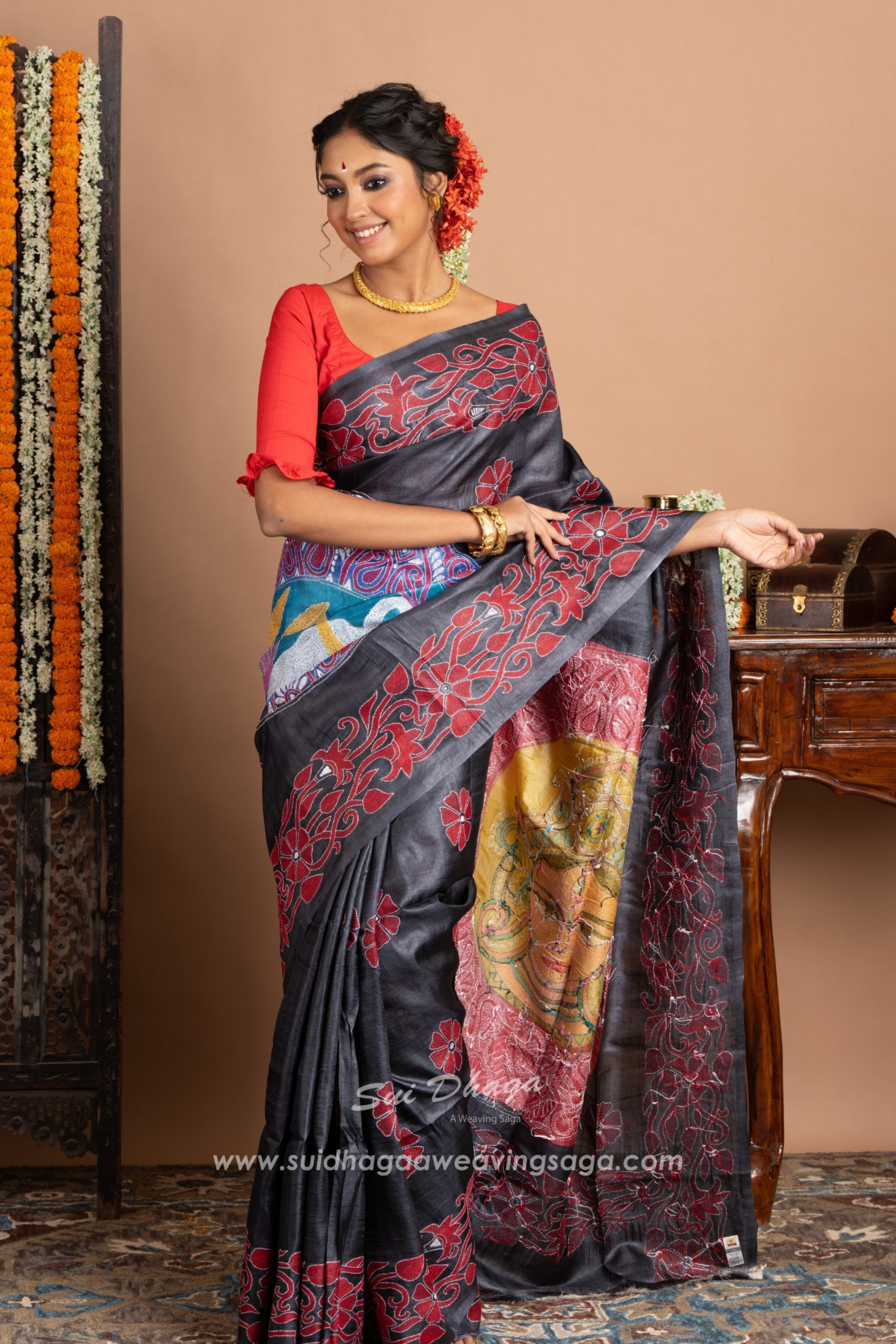 Black Tussar Kantha Stitch Saree