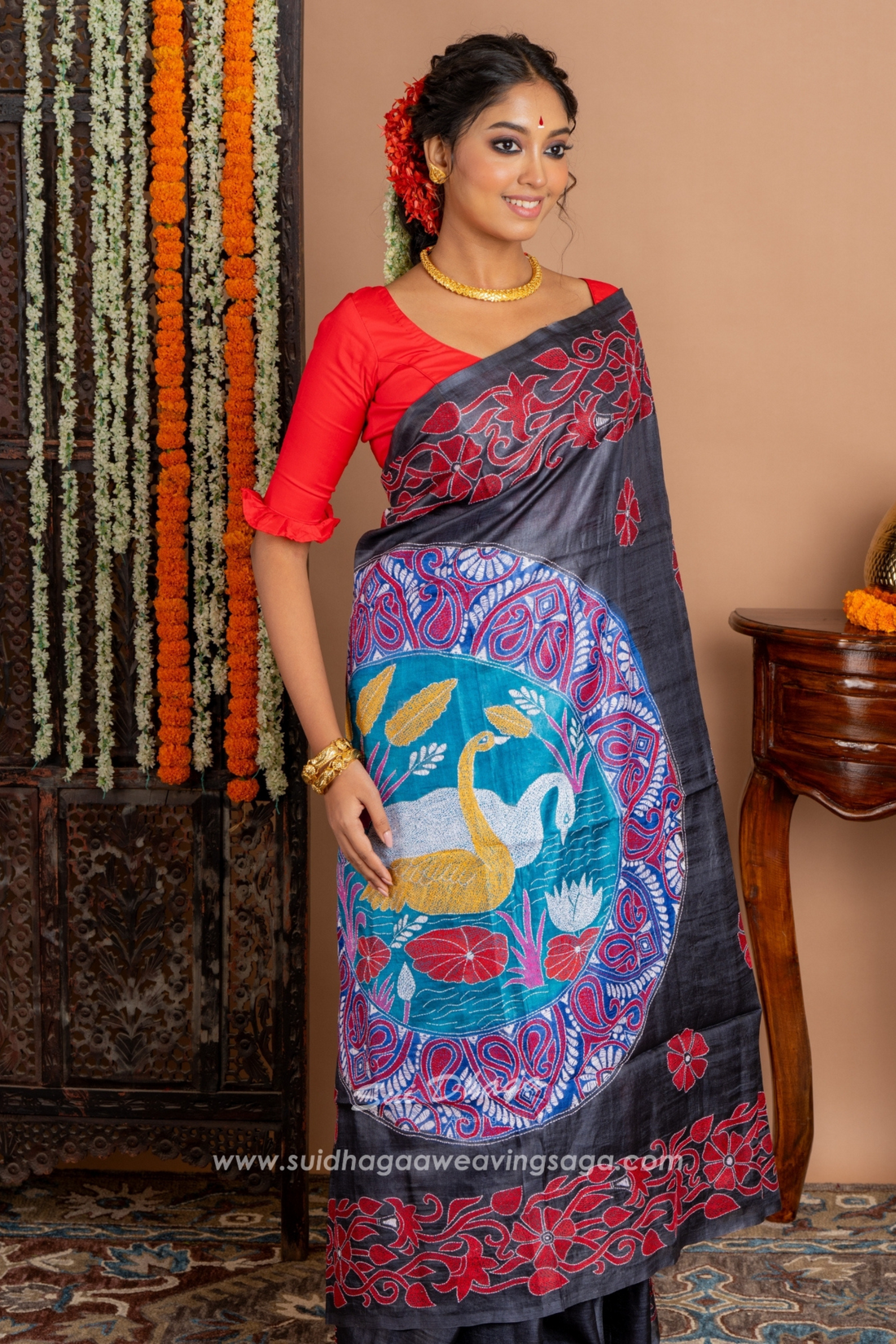 Black Tussar Kantha Stitch Saree