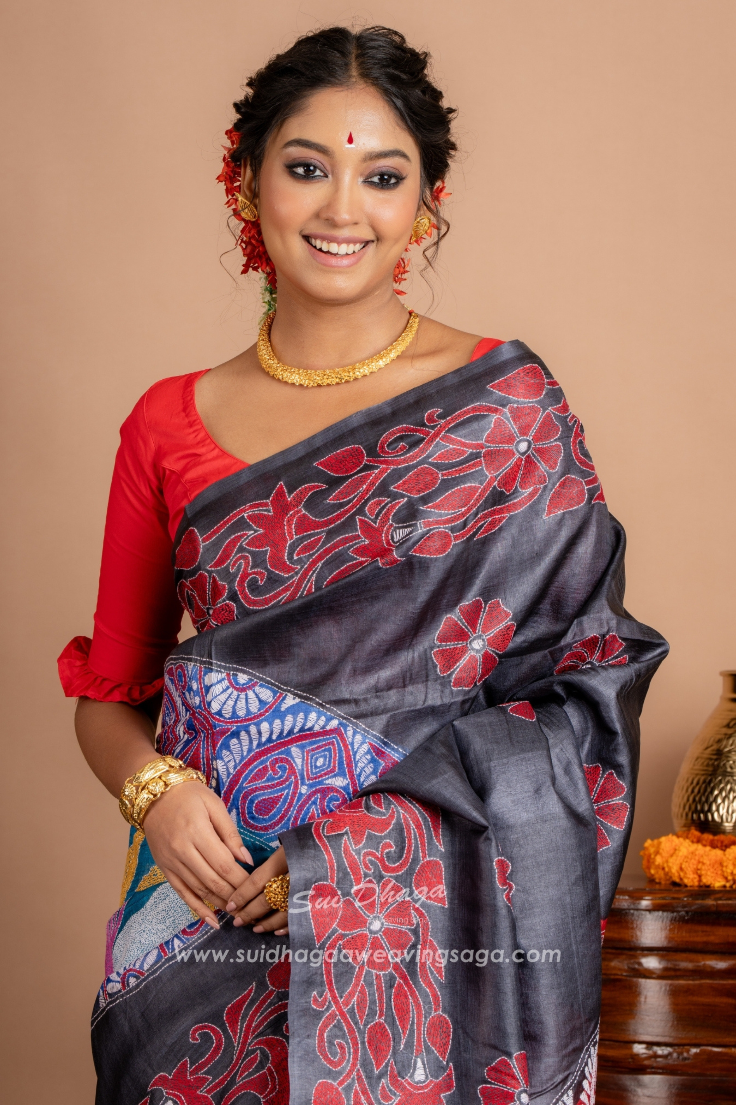 Black Tussar Kantha Stitch Saree