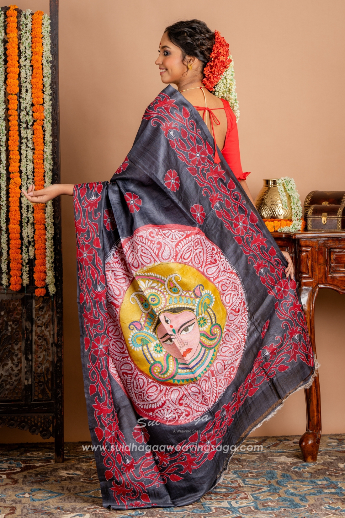 Black Tussar Kantha Stitch Saree