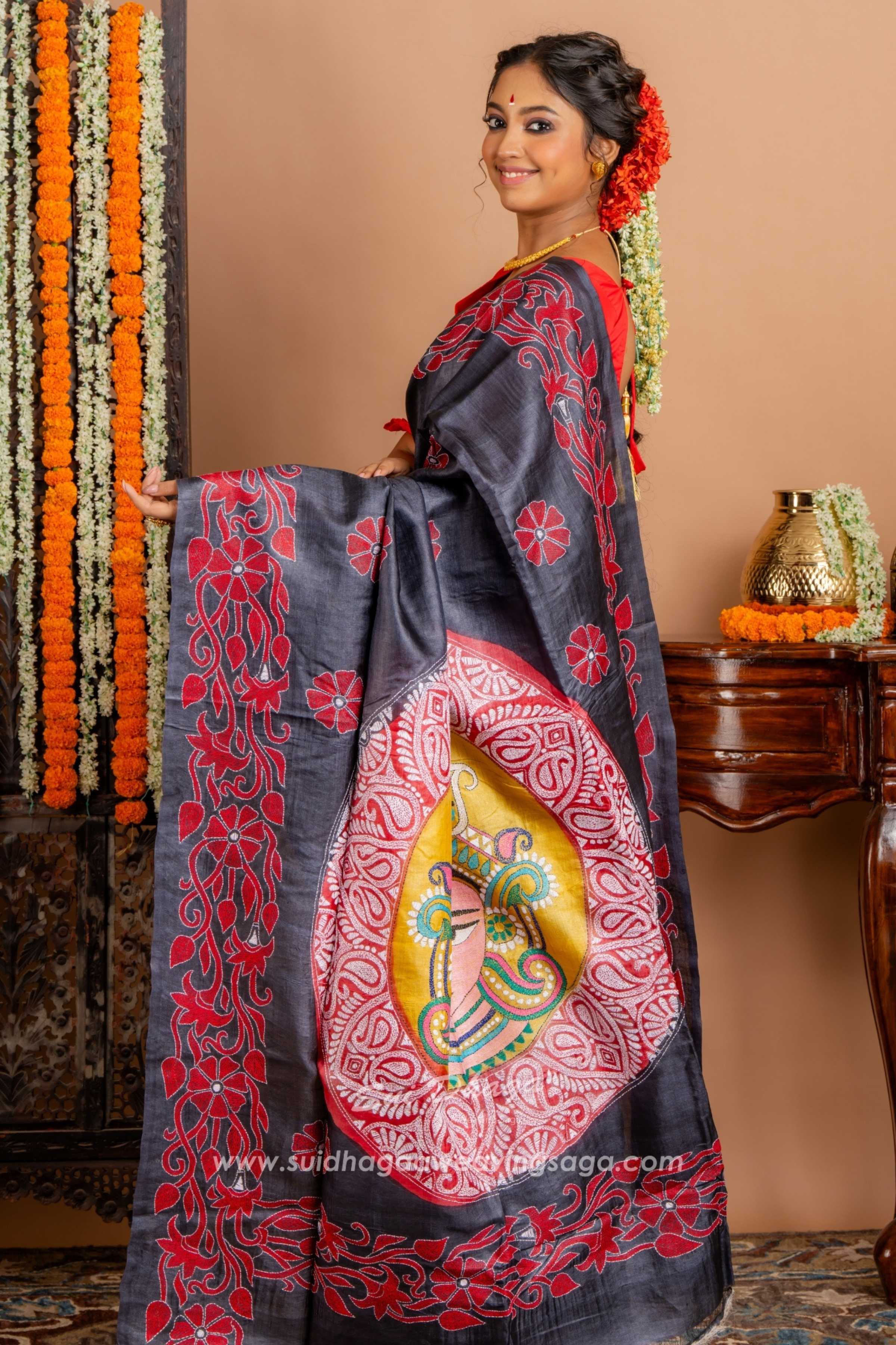 Black Tussar Kantha Stitch Saree