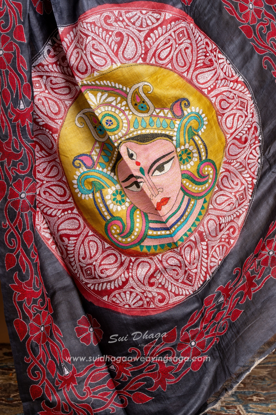 Black Tussar Kantha Stitch Saree