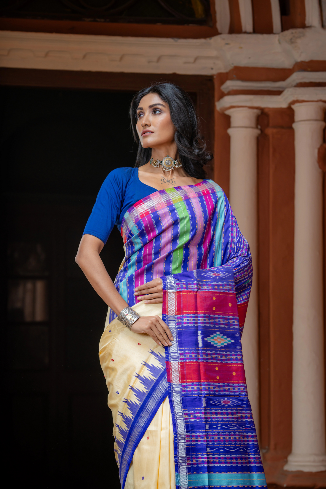 Creamish Double pallu Berhampuri in ganga jamuna border