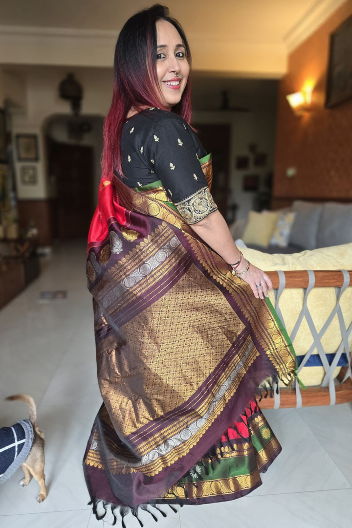 Red Checkered Pure Silk Handcrafted Gadwal Saree