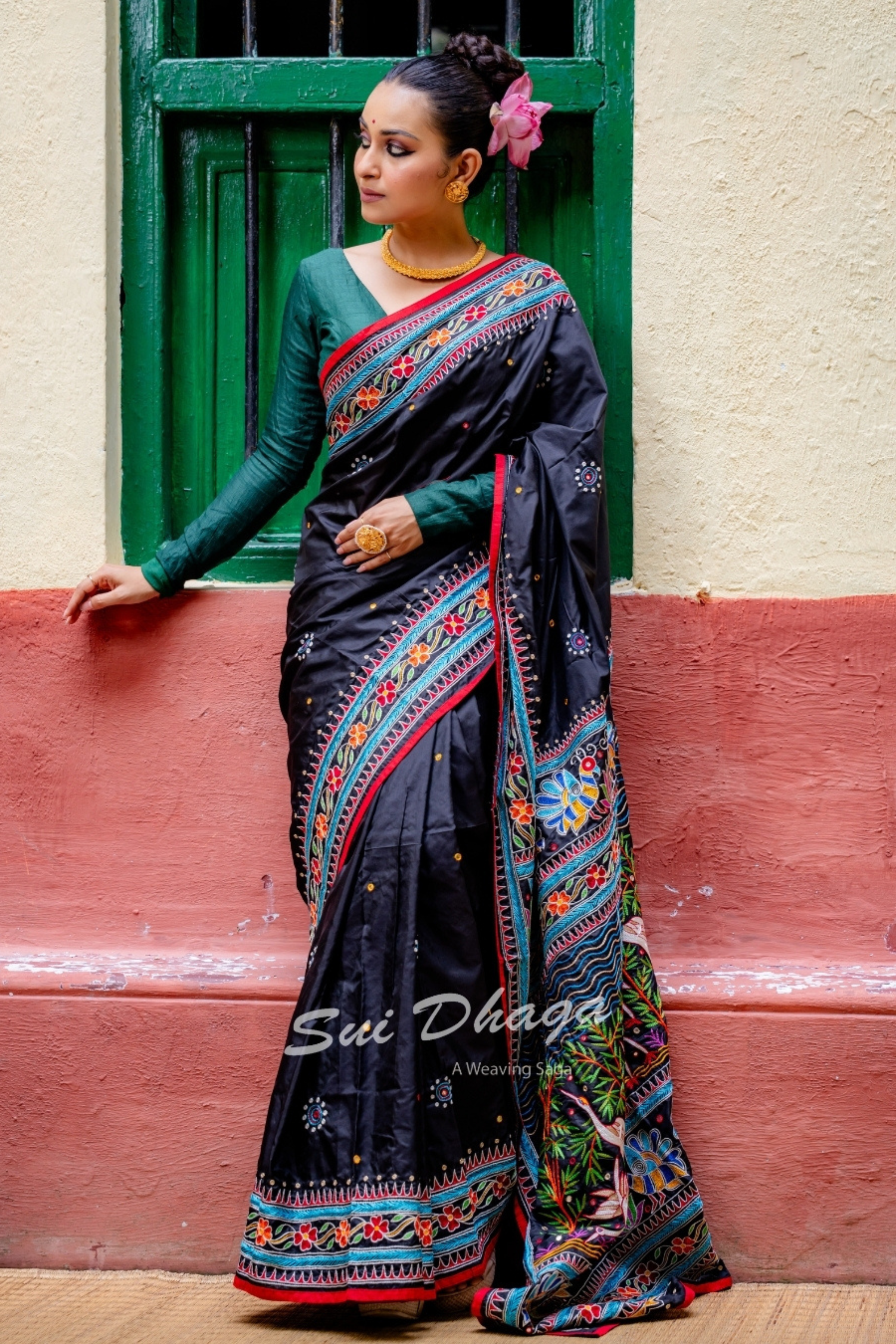 Kantha Stitch Black Pure Silk Saree