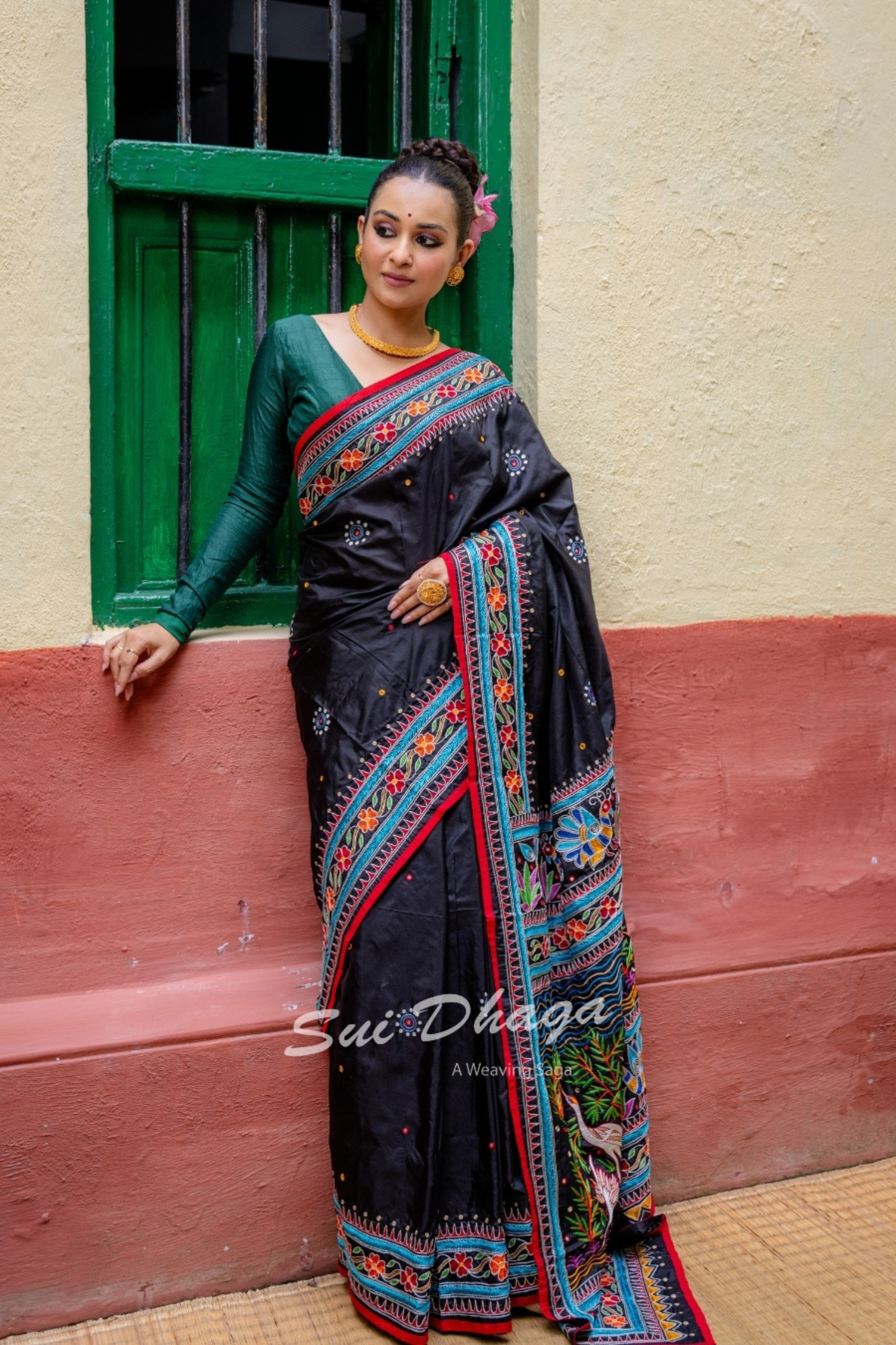Kantha Stitch Black Pure Silk Saree