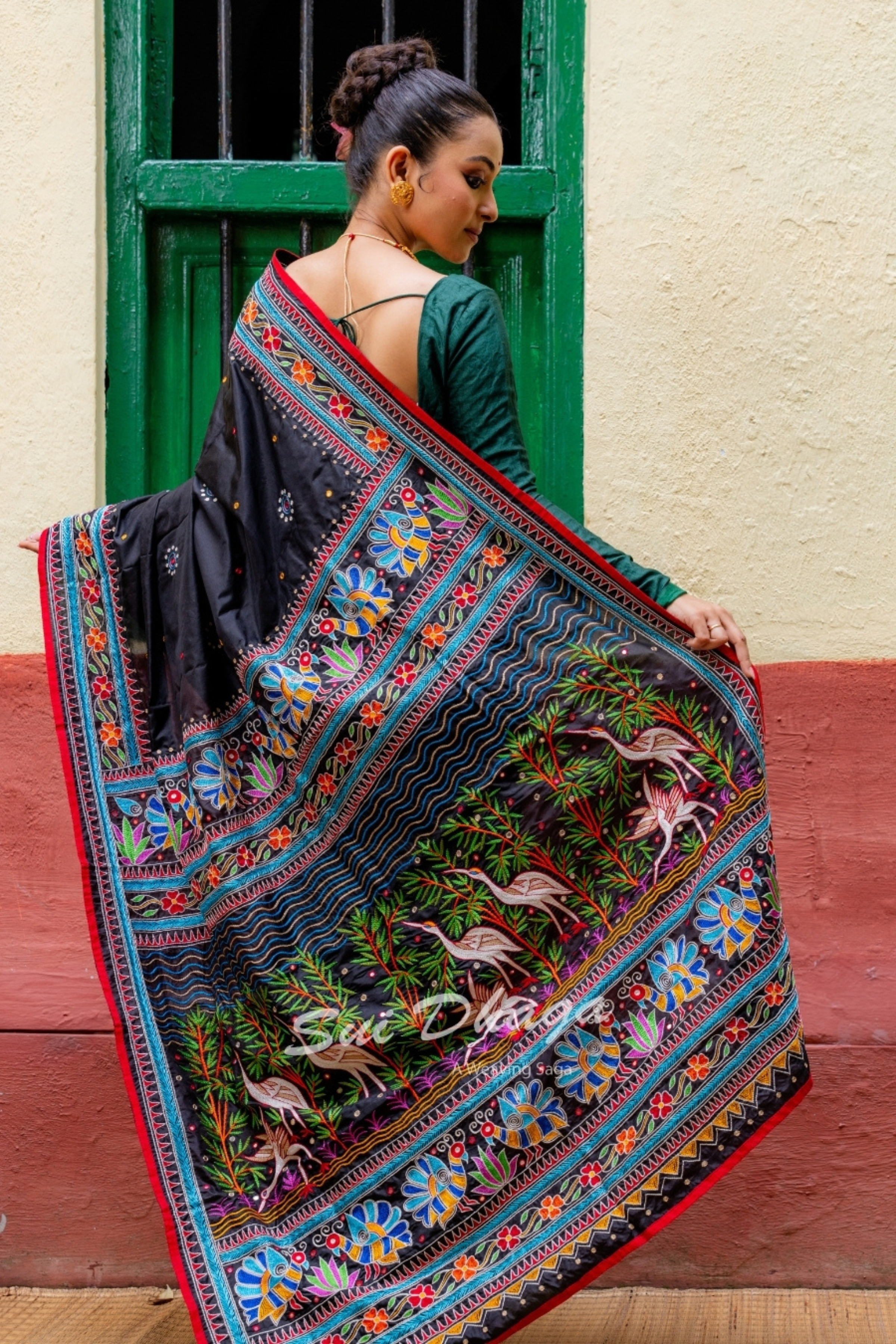 Kantha Stitch Black Pure Silk Saree