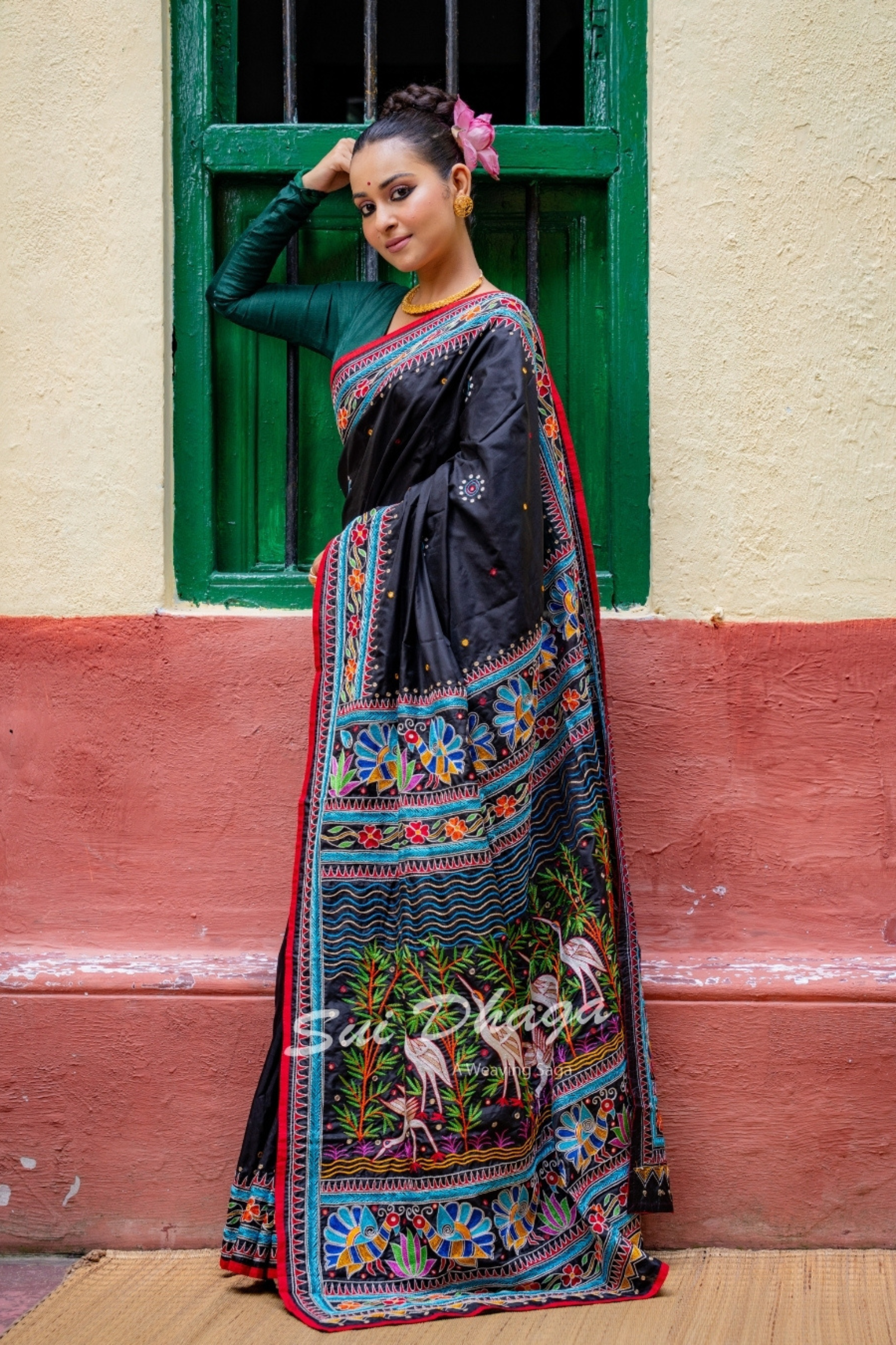 Kantha Stitch Black Pure Silk Saree