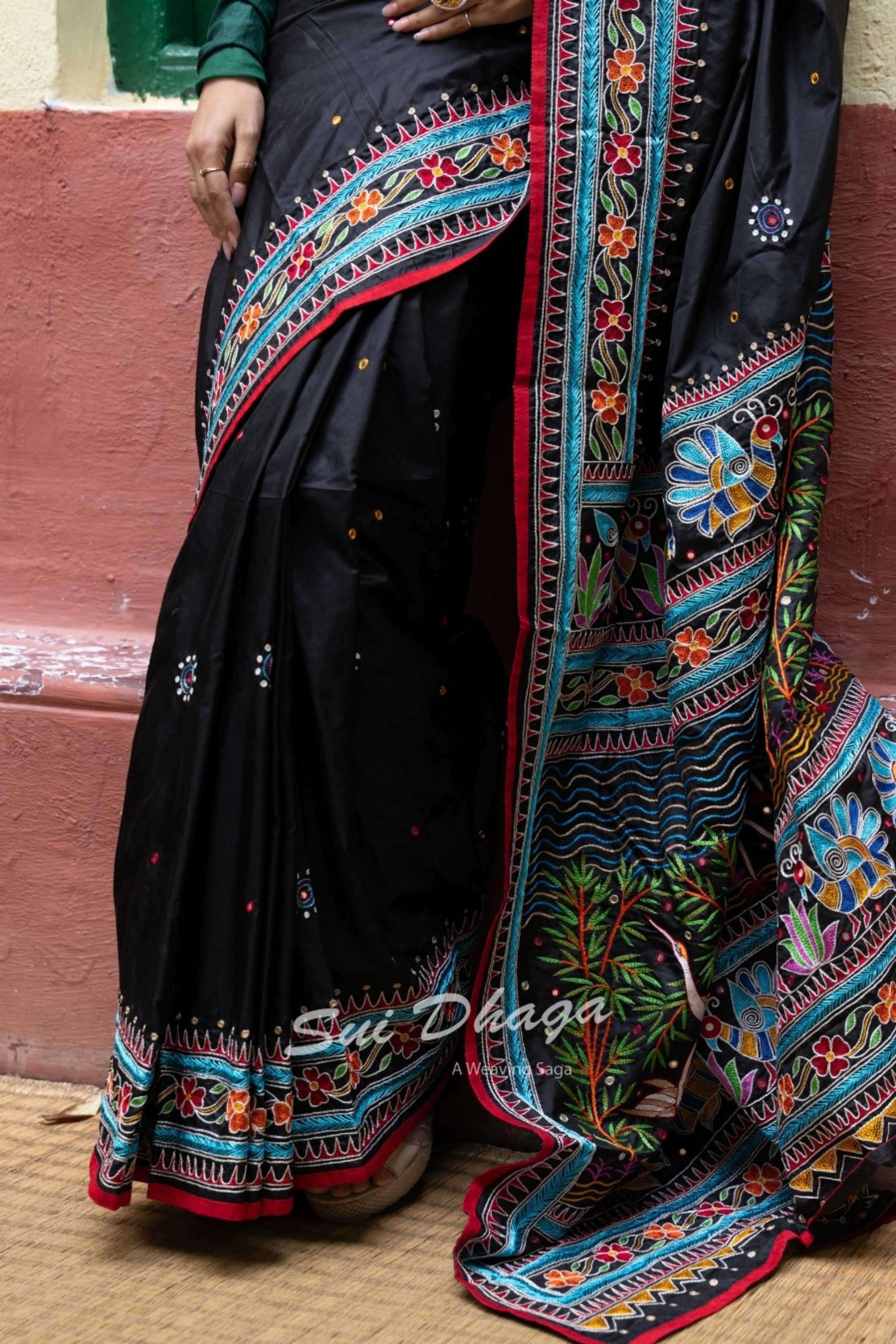 Kantha Stitch Black Pure Silk Saree