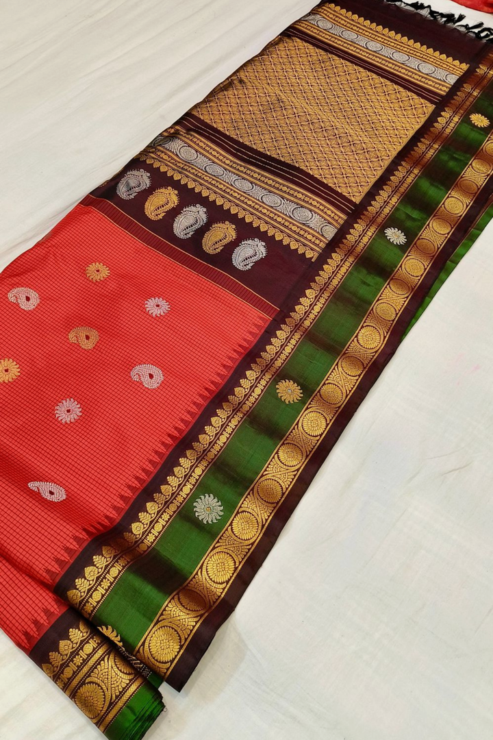 Red Checkered Pure Silk Handcrafted Gadwal Saree